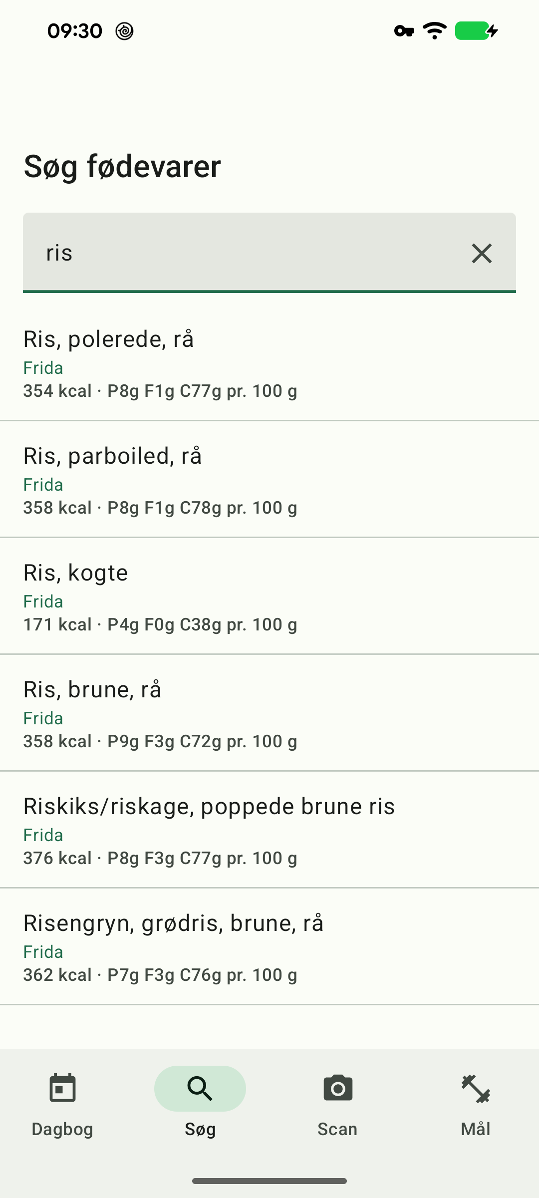 En søgning efter ris med resultater fra Frida, med kilden angivet på hver række.
