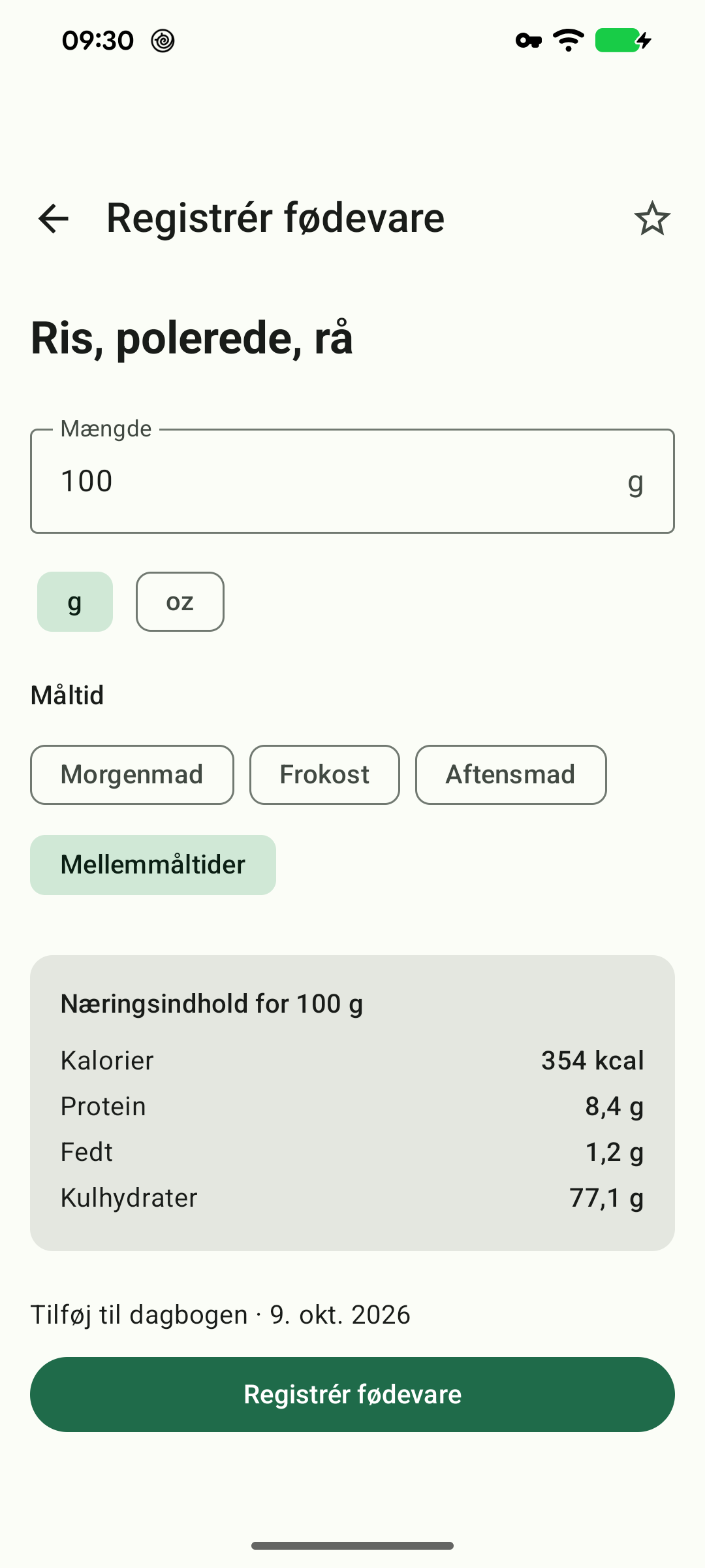 Registrering af en fødevare med de publicerede værdier pr. 100 g.