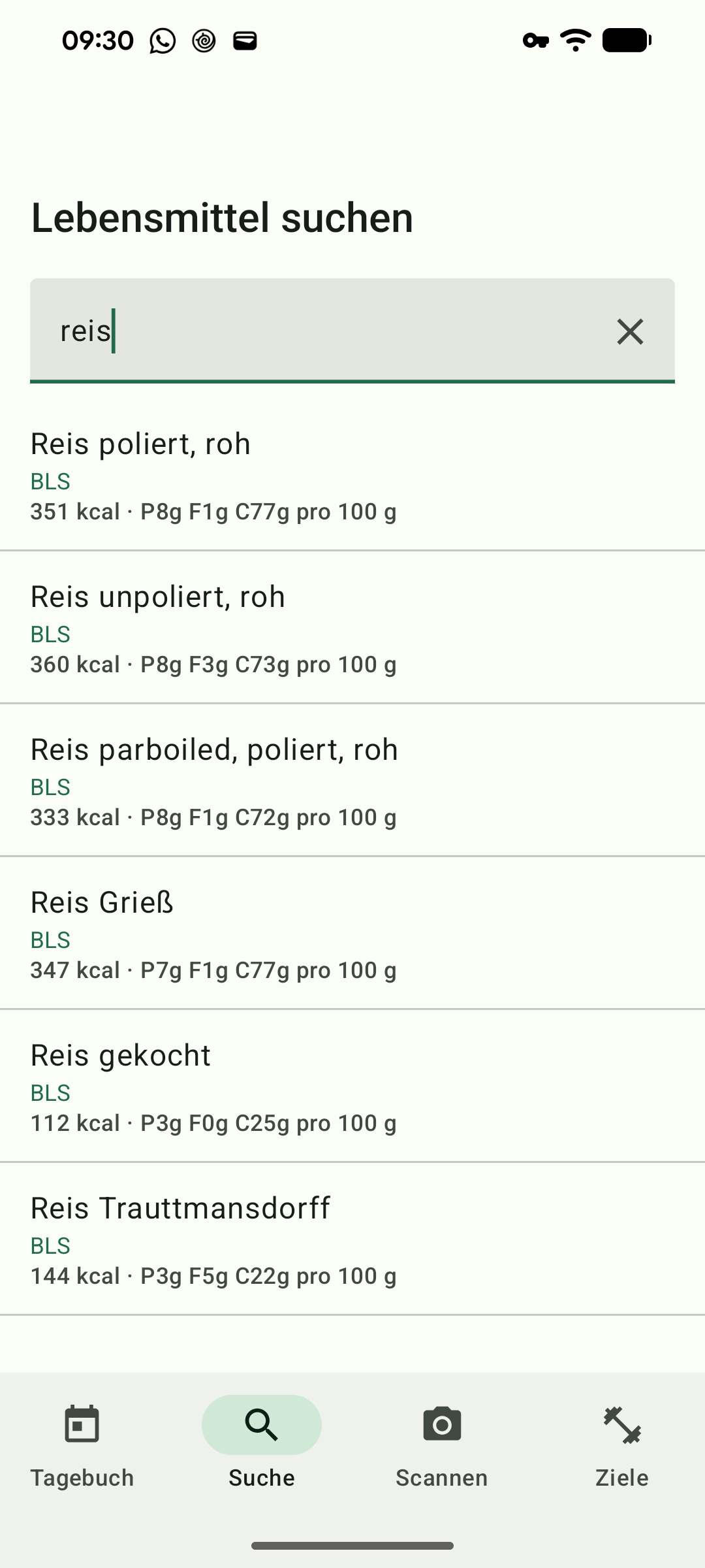 Eine Suche nach Reis mit Treffern aus dem Bundeslebensmittelschlüssel, die Quelle steht in jeder Zeile.