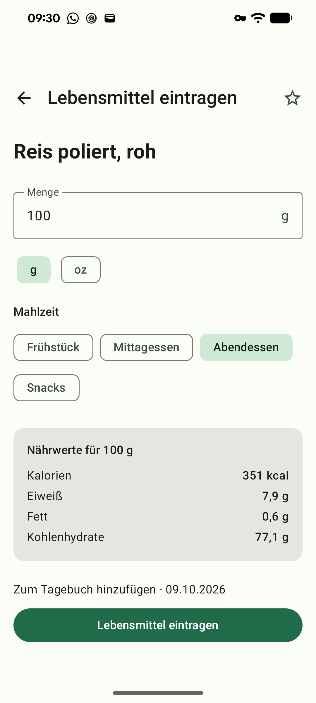 Ein Lebensmittel erfassen, mit den veröffentlichten Werten pro 100 g.