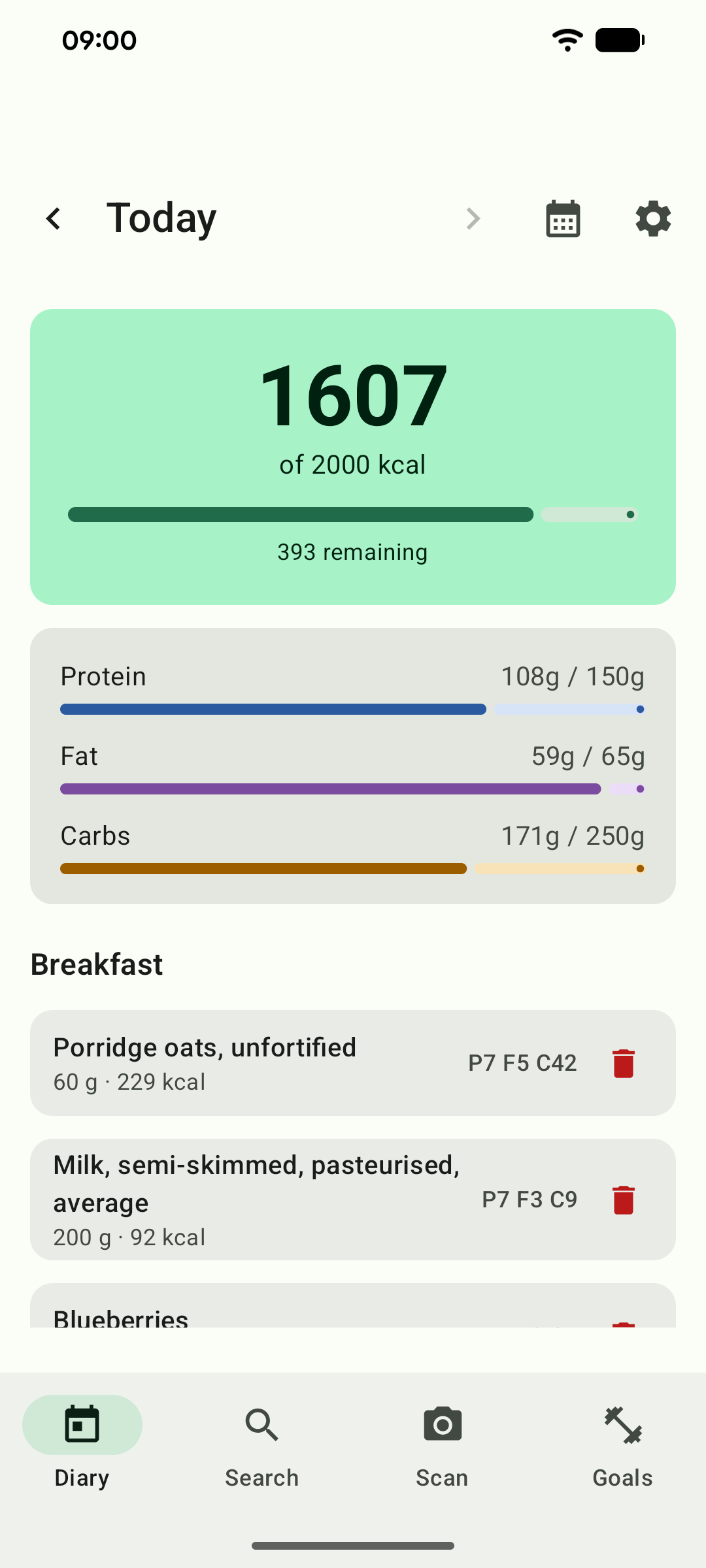 The diary screen showing 1607 of 2000 kcal logged, with protein, fat and
                carbohydrate bars and a breakfast section listing porridge oats, semi-skimmed
                milk and blueberries.