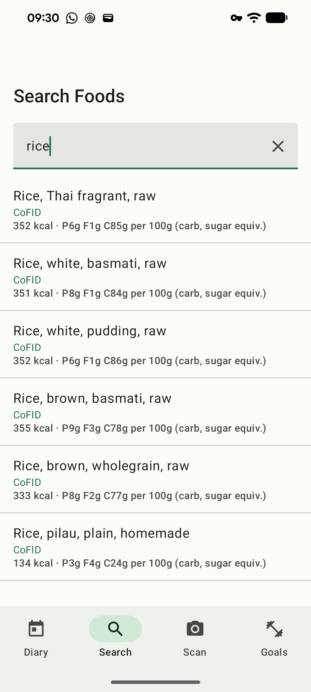 A search for rice returning results from CoFID, with the source named on each row.