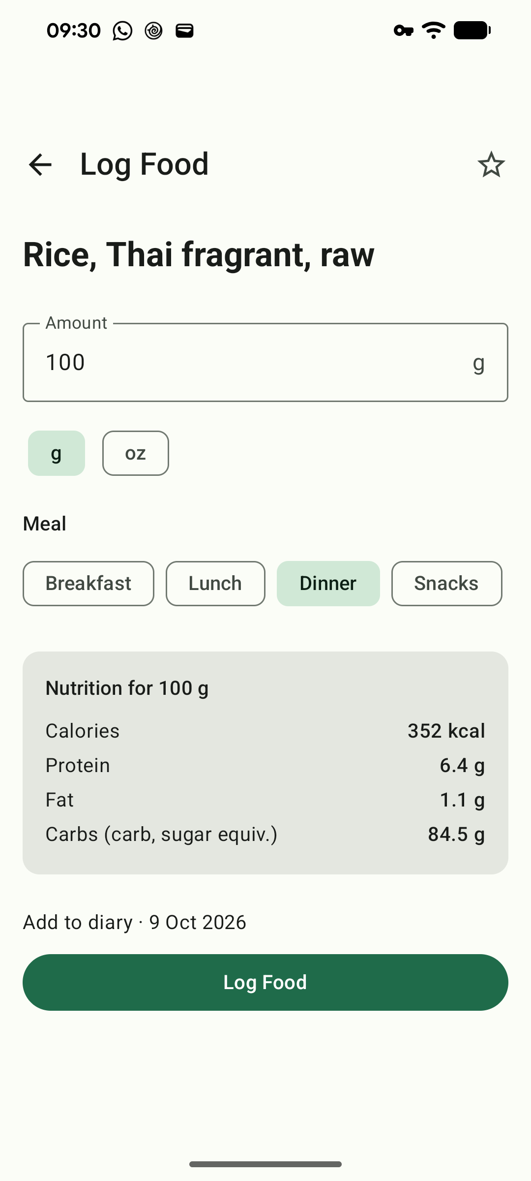 Logging a food, with the published values per 100 g.