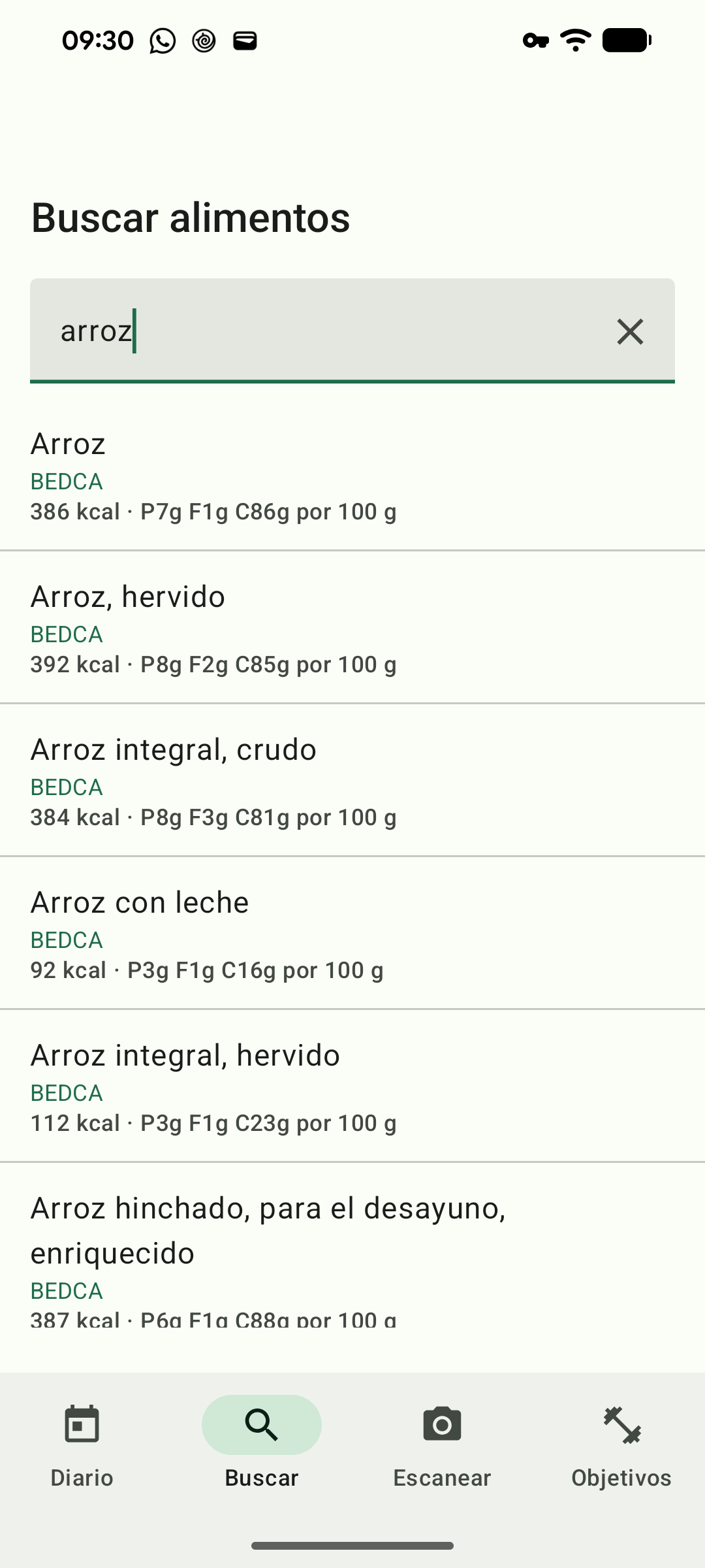 Una búsqueda de arroz con resultados de BEDCA, con la fuente indicada en cada fila.