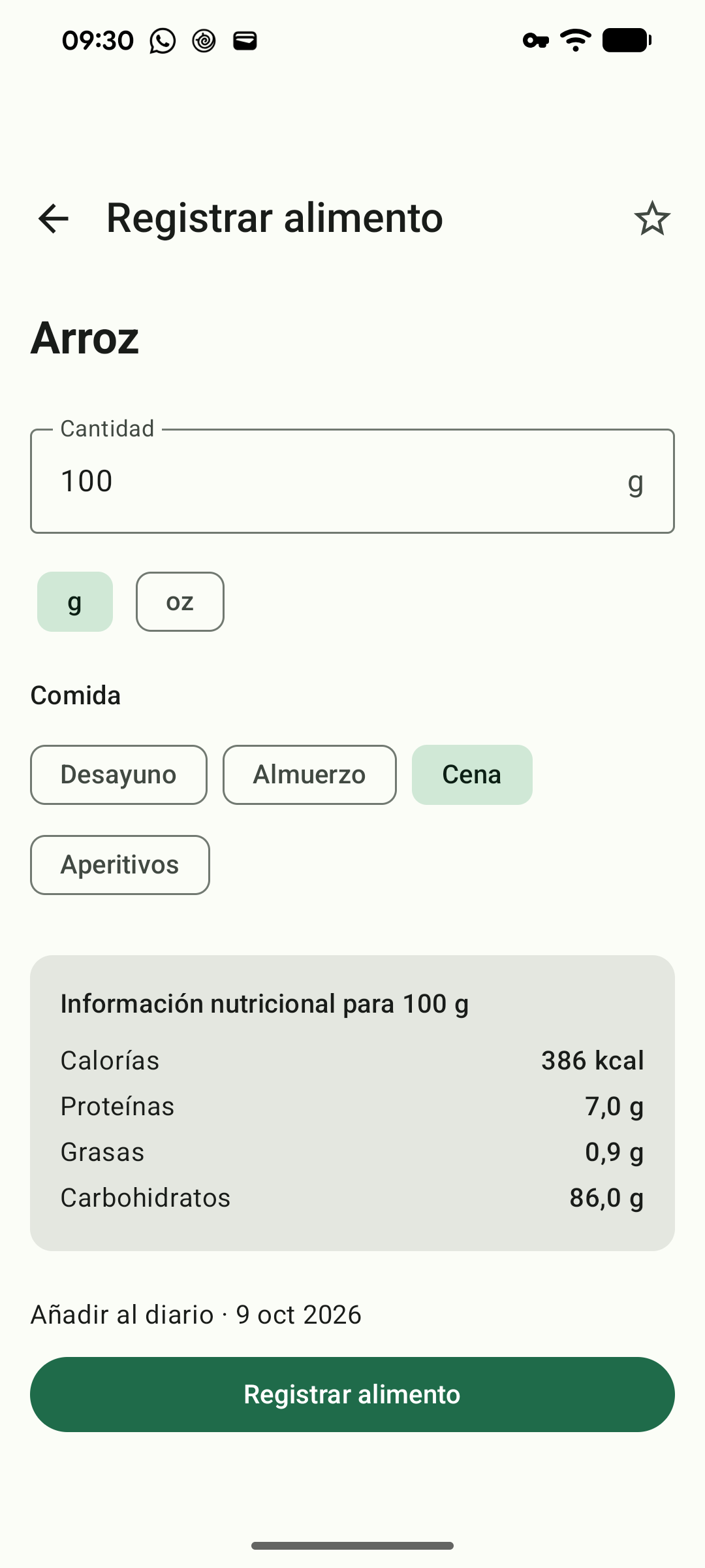 Registrar un alimento con los valores publicados por 100 g.