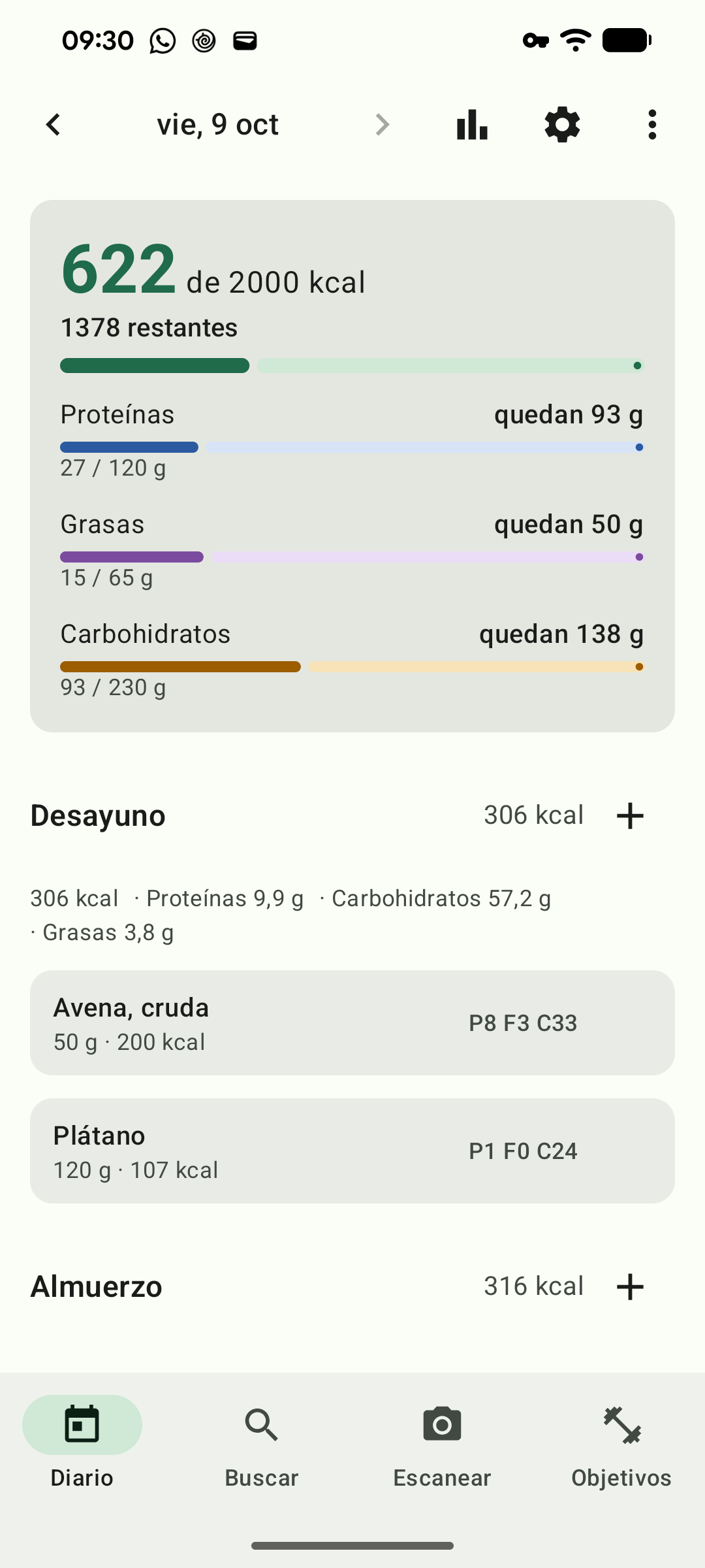 El diario de hoy: calorías y macros restantes arriba, comidas debajo.