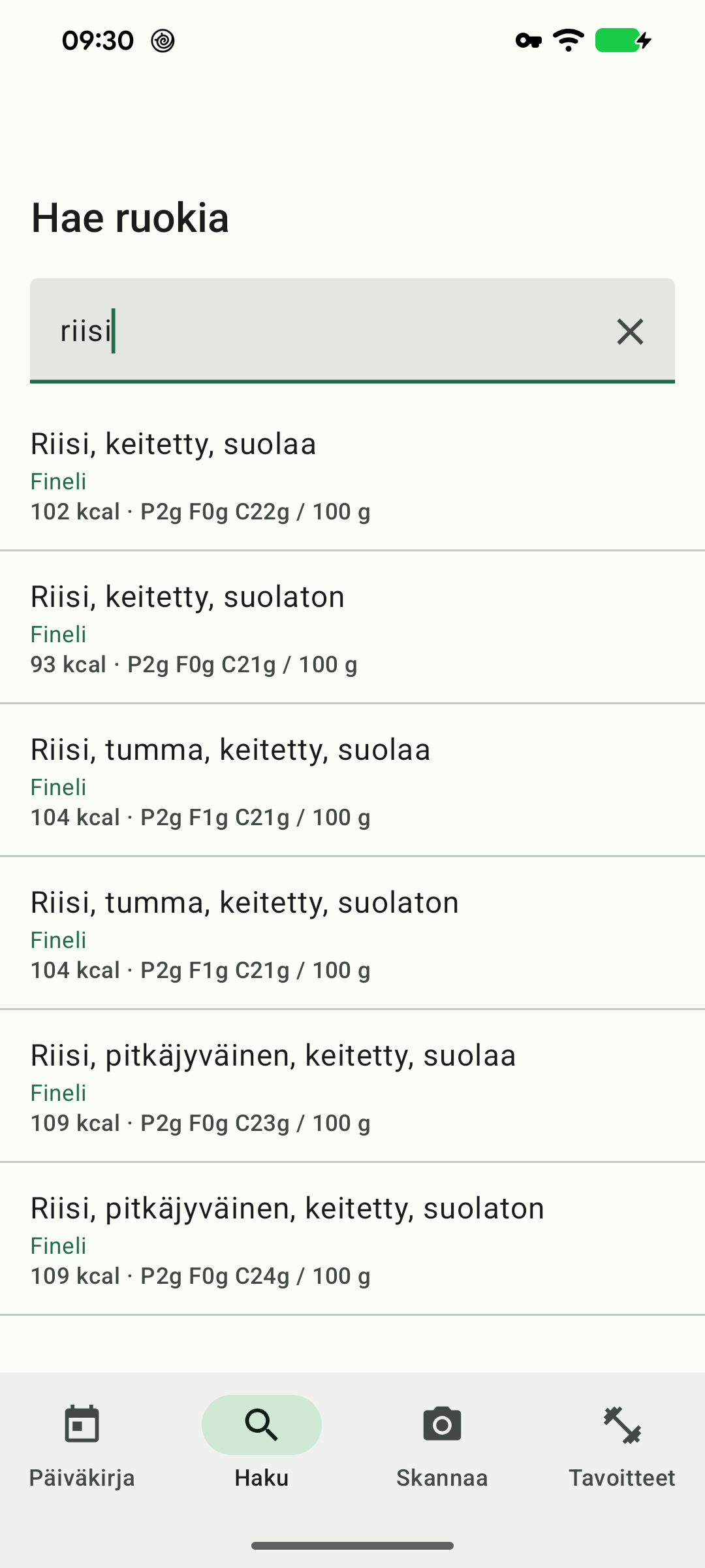 Riisin haku, jonka tulokset ovat Finelistä ja jokaisella rivillä näkyy lähde.
