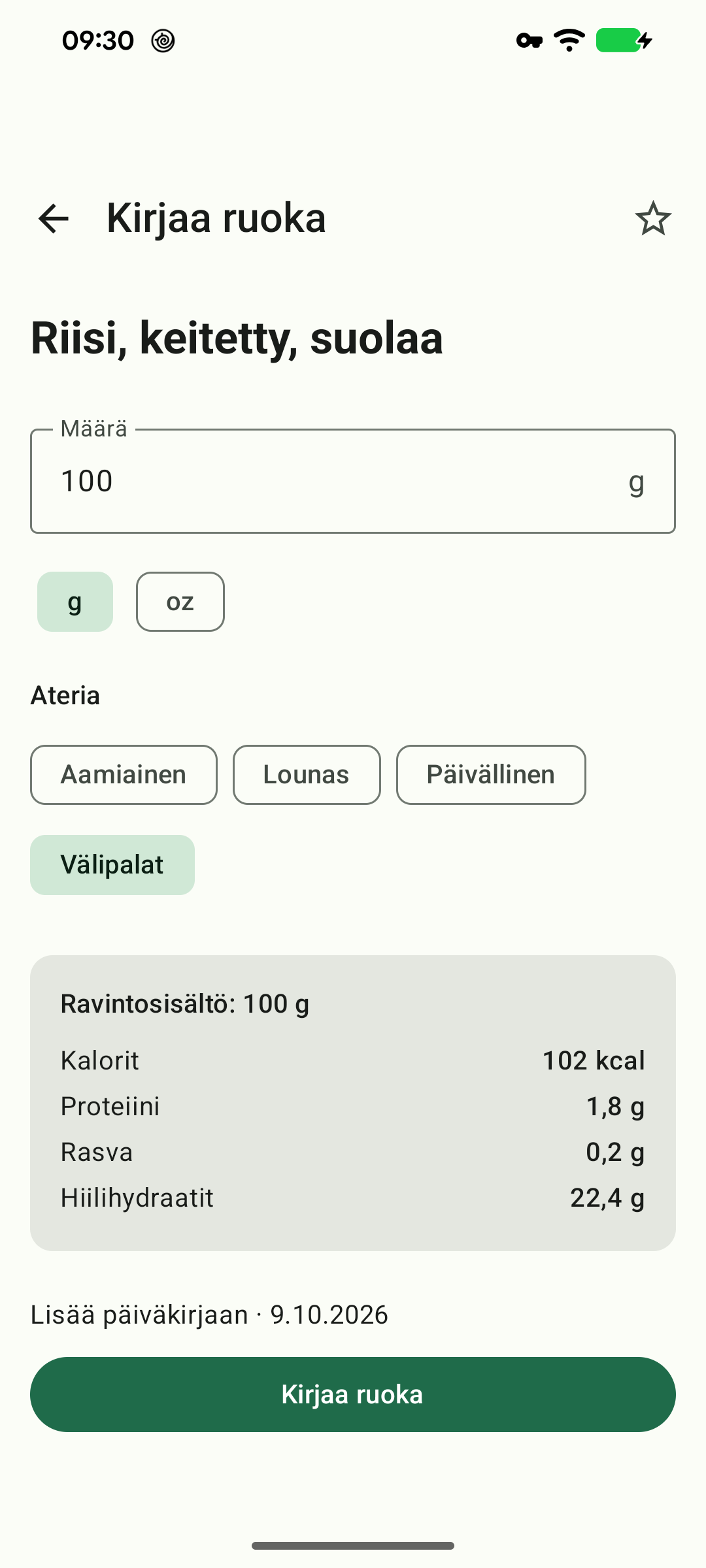 Ruoan kirjaaminen julkaistuilla arvoilla 100 grammaa kohden.