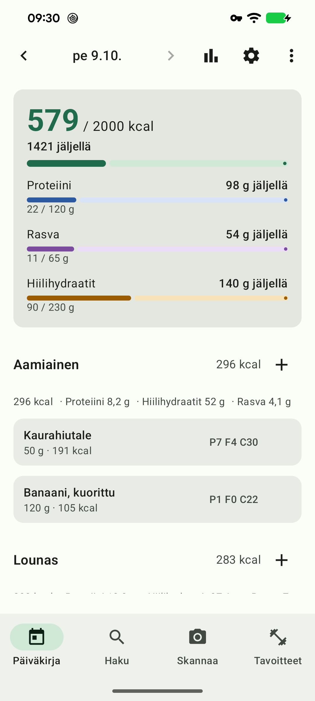 Tämän päivän päiväkirja: jäljellä olevat kalorit ja makrot ylhäällä, ateriat alla.