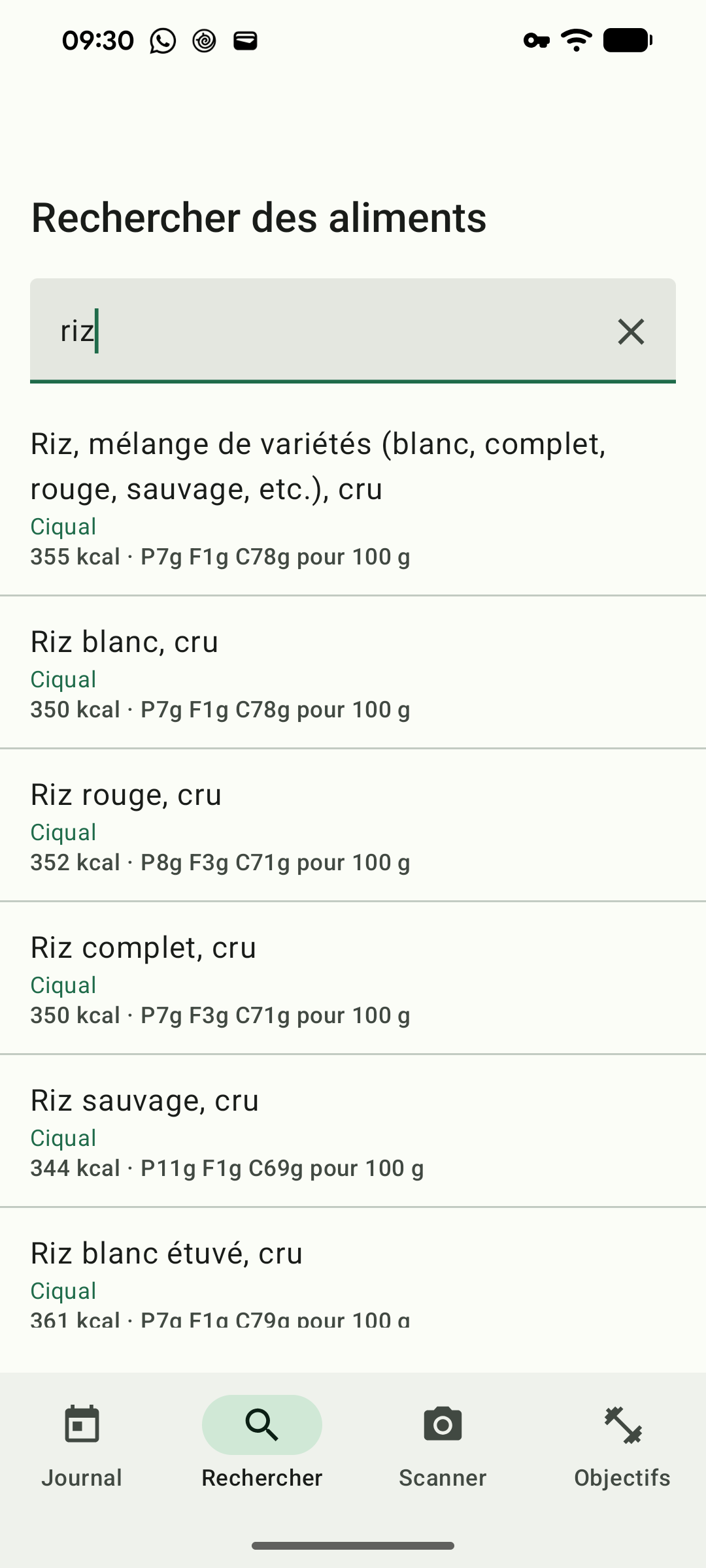 Une recherche de riz avec des résultats de Ciqual, la source indiquée sur chaque ligne.