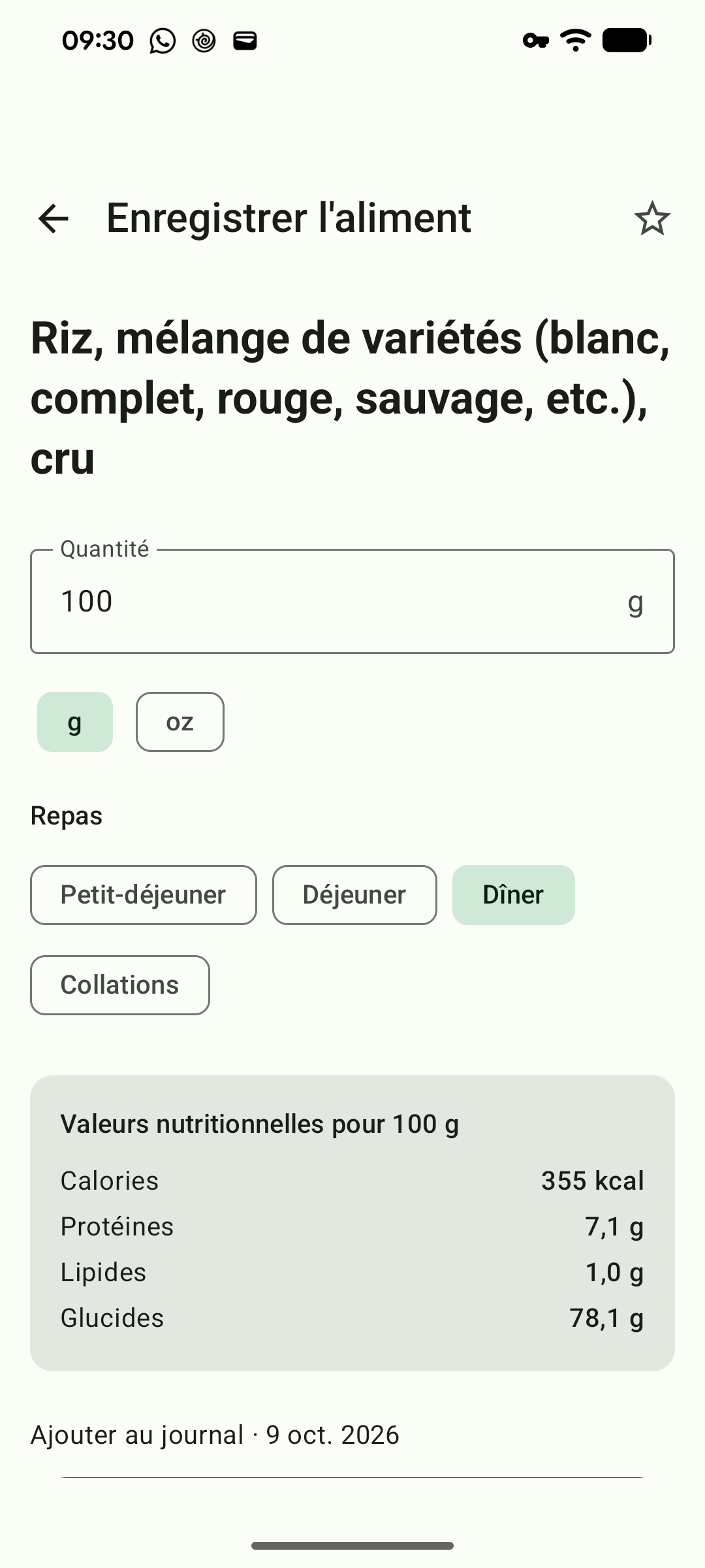 Saisie d’un aliment avec les valeurs publiées pour 100 g.