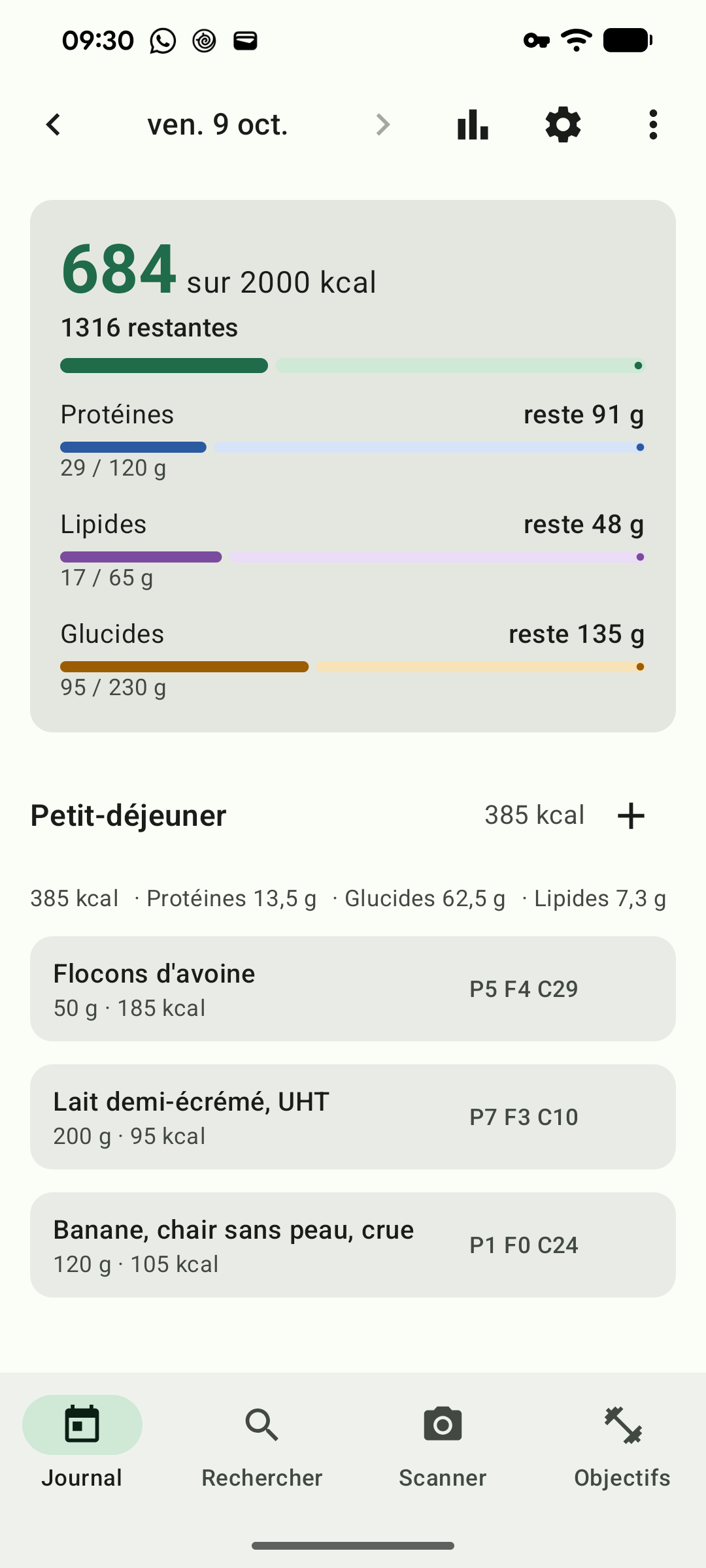 Le journal du jour : calories et macros restantes en haut, repas en dessous.
