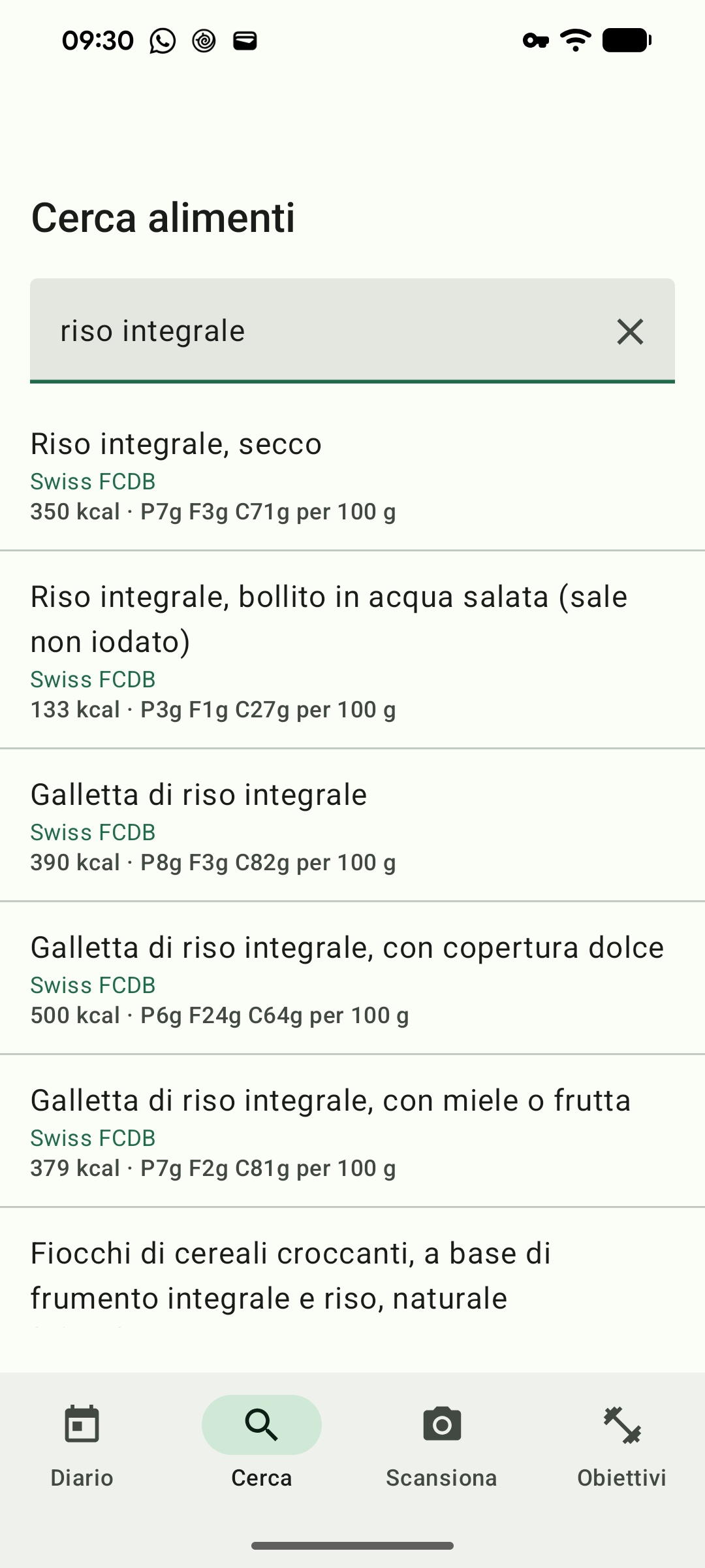 Una ricerca di riso integrale con risultati dalla banca dati svizzera, con la fonte indicata su ogni riga.