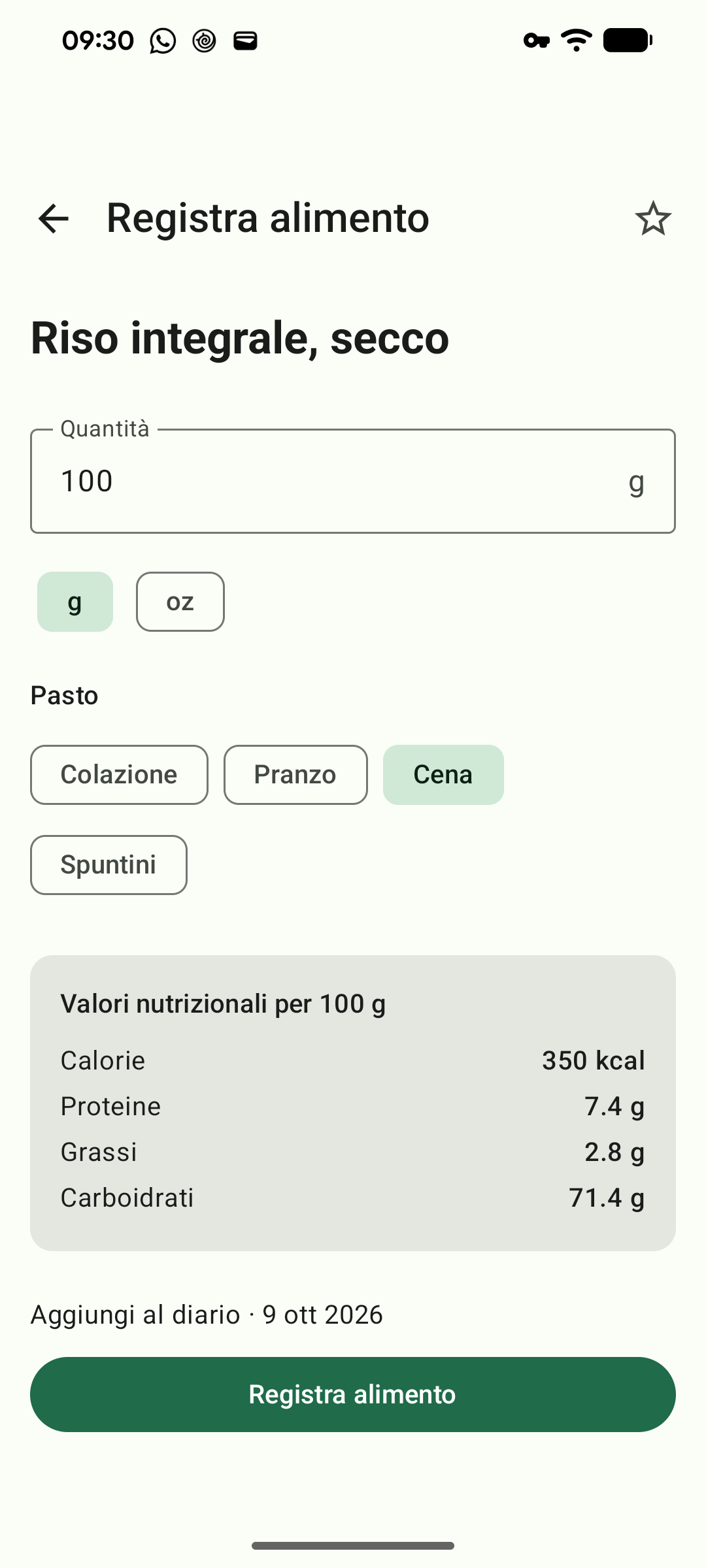Registrazione di un alimento con i valori pubblicati per 100 g.