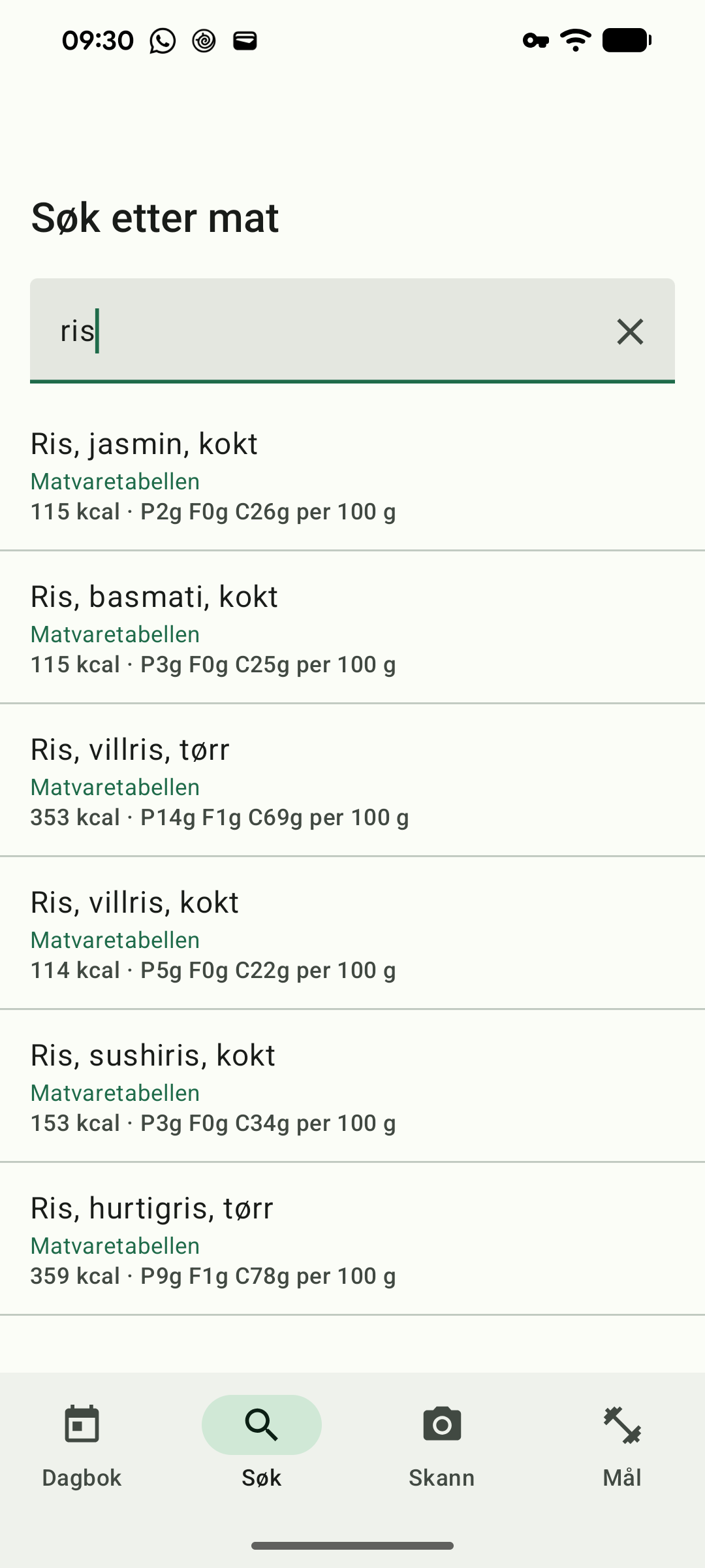 Et søk etter ris med treff fra Matvaretabellen, med kilden oppgitt på hver rad.