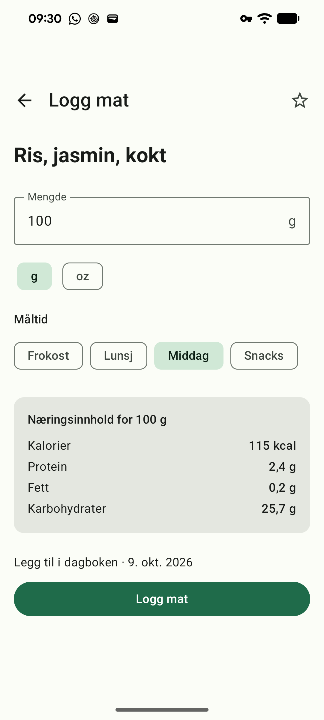 Logging av en matvare med de publiserte verdiene per 100 g.