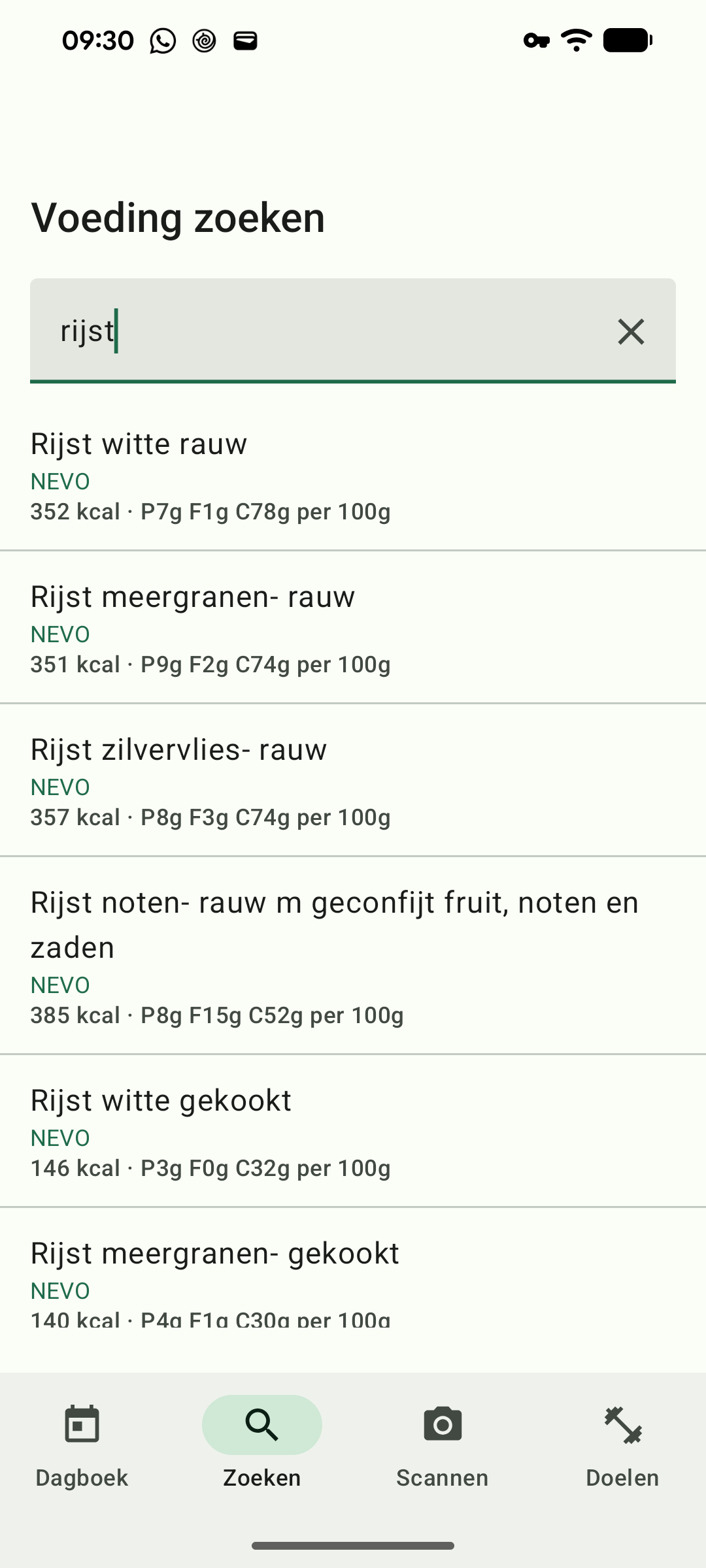 Een zoekopdracht naar rijst met resultaten uit NEVO, met de bron bij elke regel.