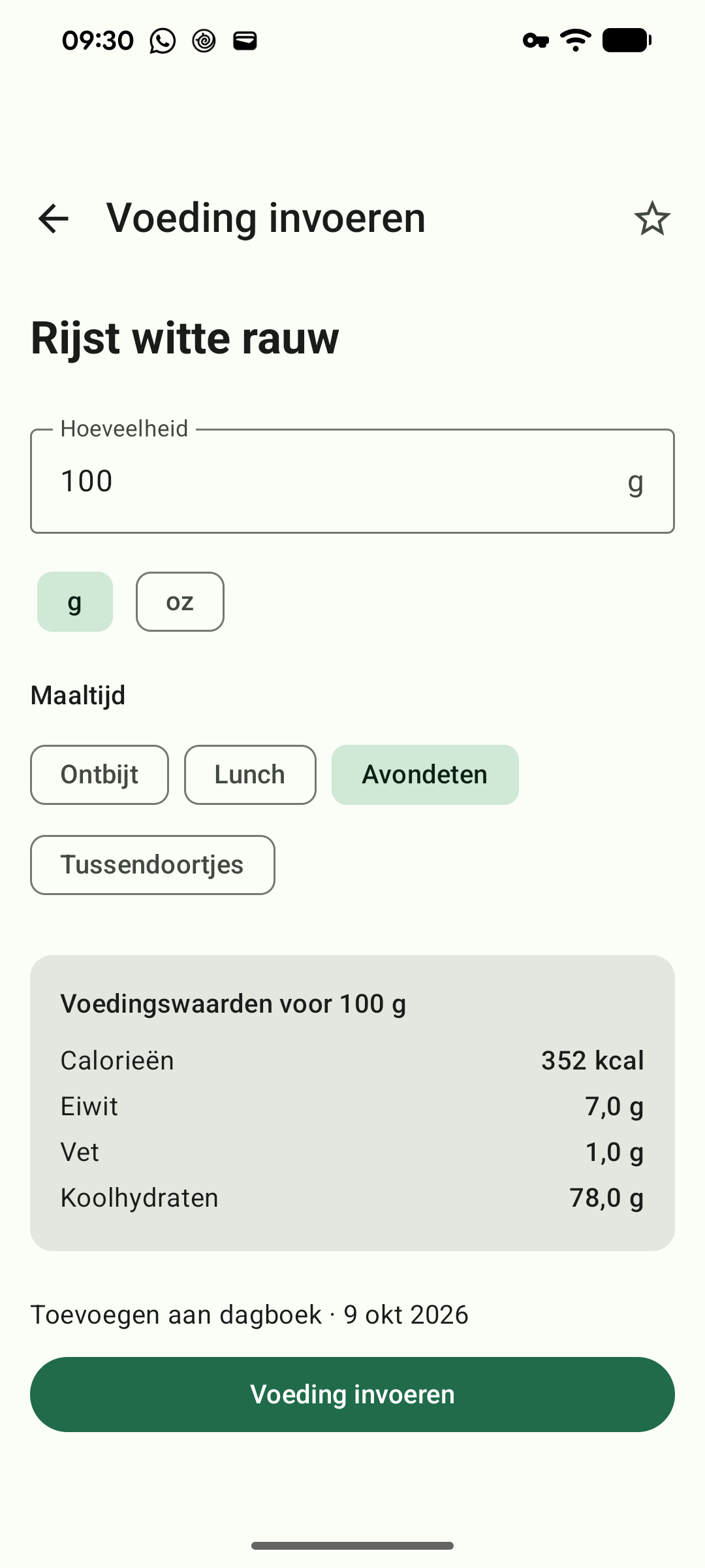 Een product loggen met de gepubliceerde waarden per 100 g.