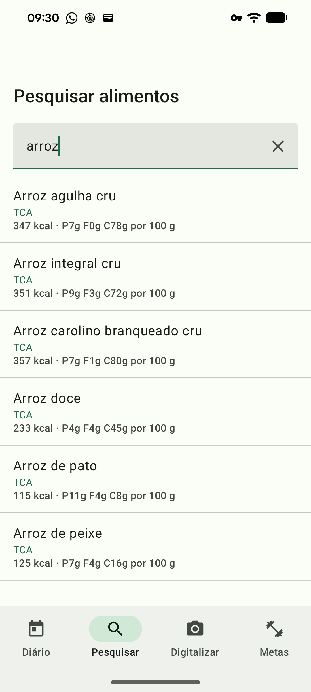 Uma pesquisa por arroz com resultados da tabela do INSA, com a fonte indicada em cada linha.