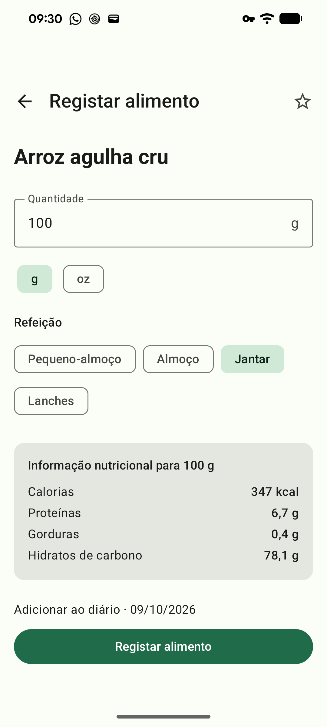 Registo de um alimento com os valores publicados por 100 g.