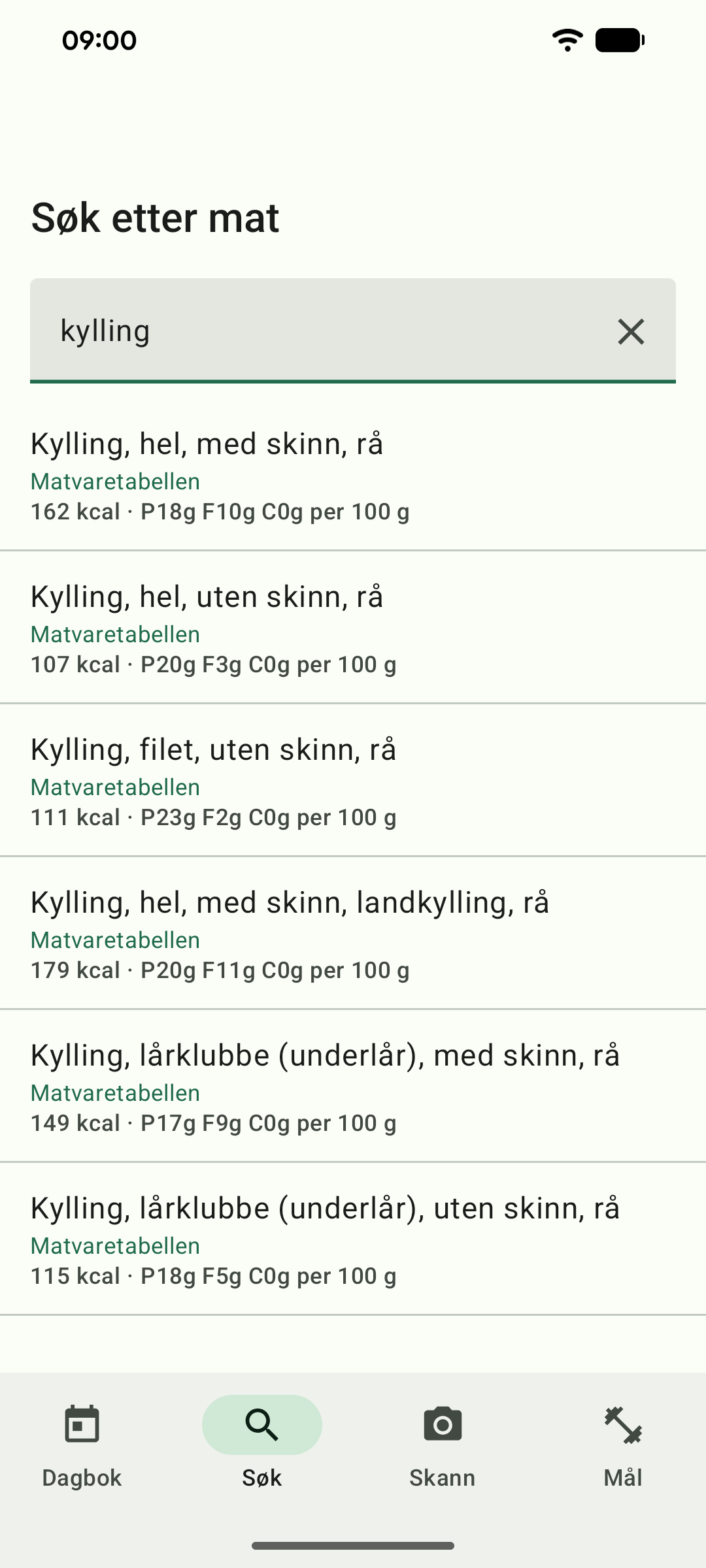 A search for kylling in the Norwegian interface, returning results from
                Matvaretabellen with the source named on each row.