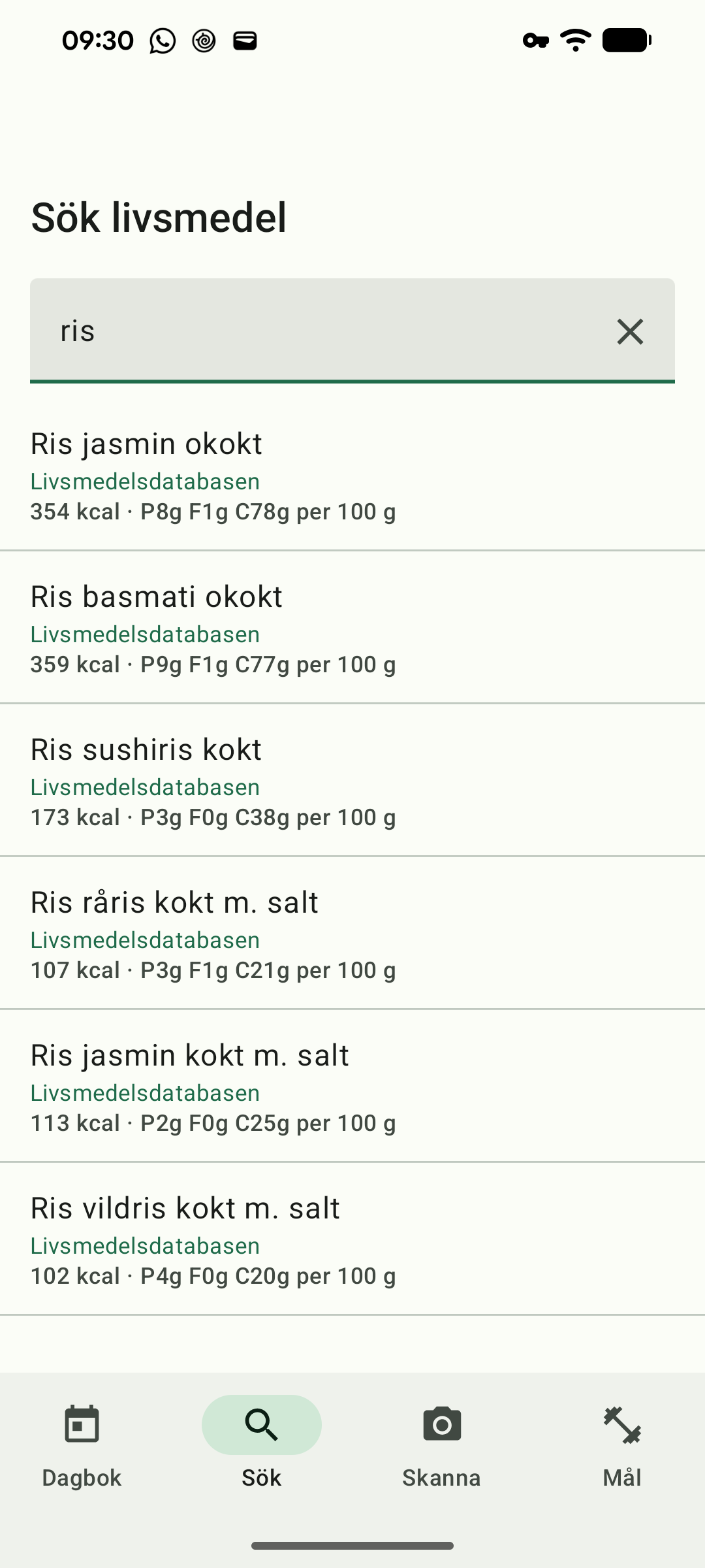 En sökning efter ris med träffar från Livsmedelsverkets databas, med källan angiven på varje rad.