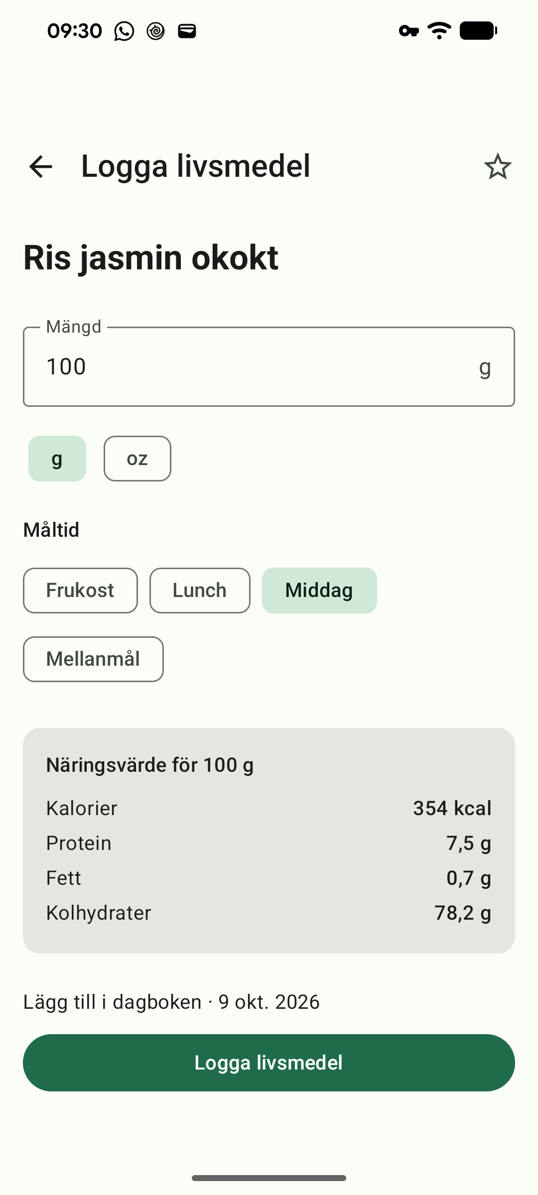 Loggning av ett livsmedel med de publicerade värdena per 100 g.