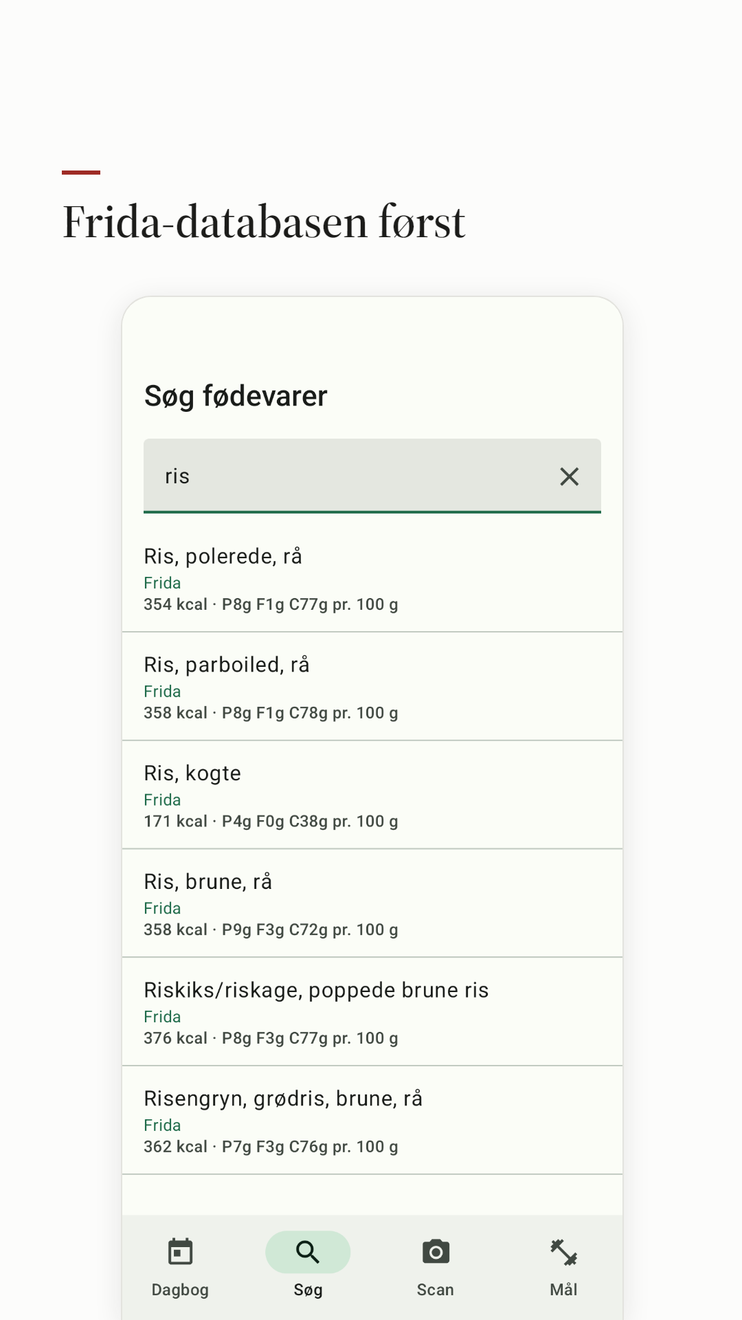 Søgeresultater for ris fra Frida, med kilden på hver række.
