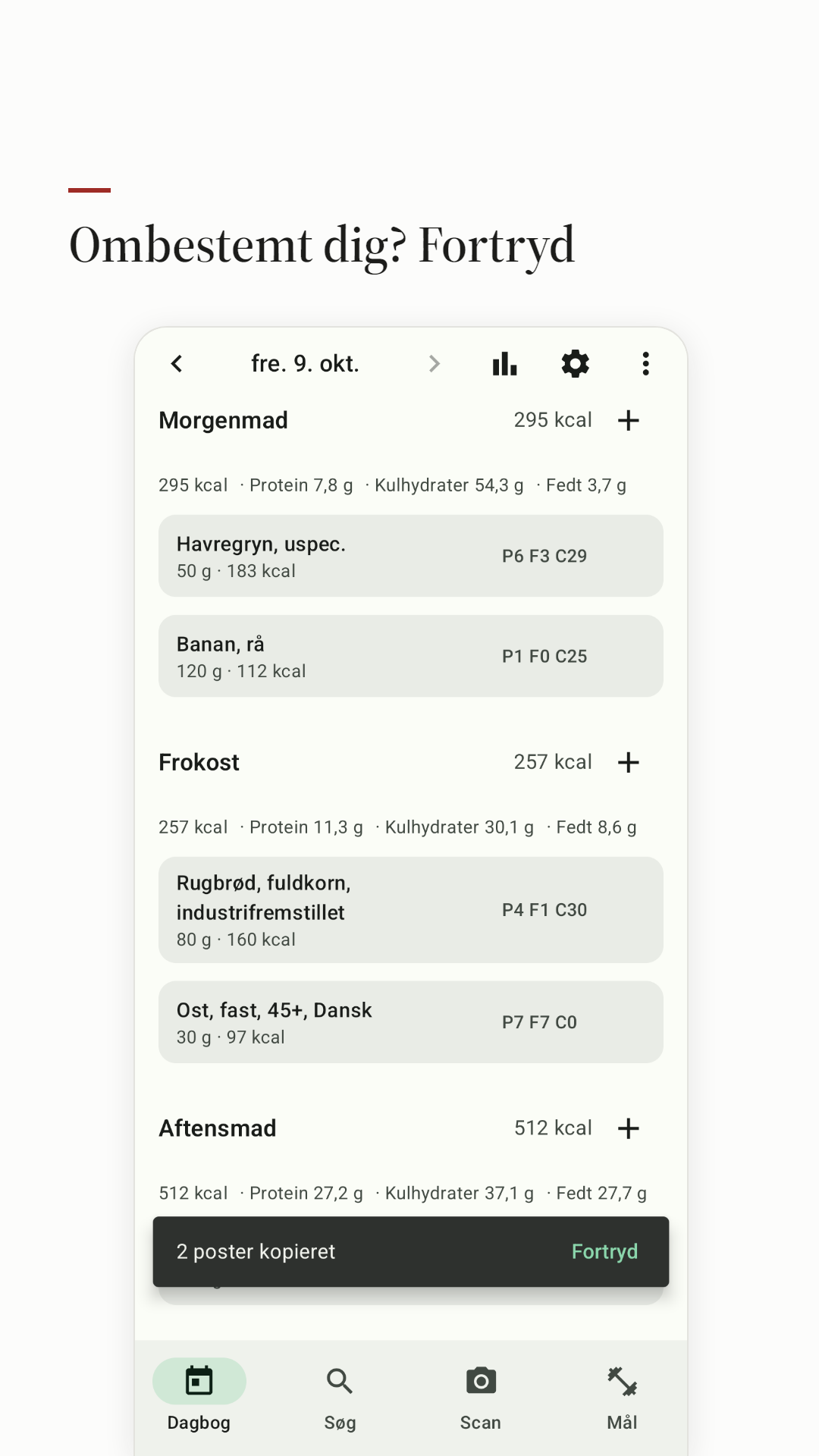 En fortryd-mulighed efter en ændring i dagbogen.