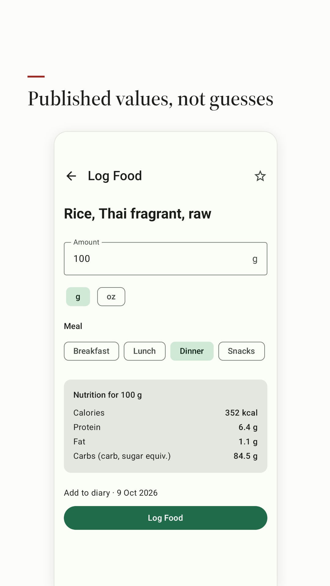 Logging a food with the published values per 100 g.
