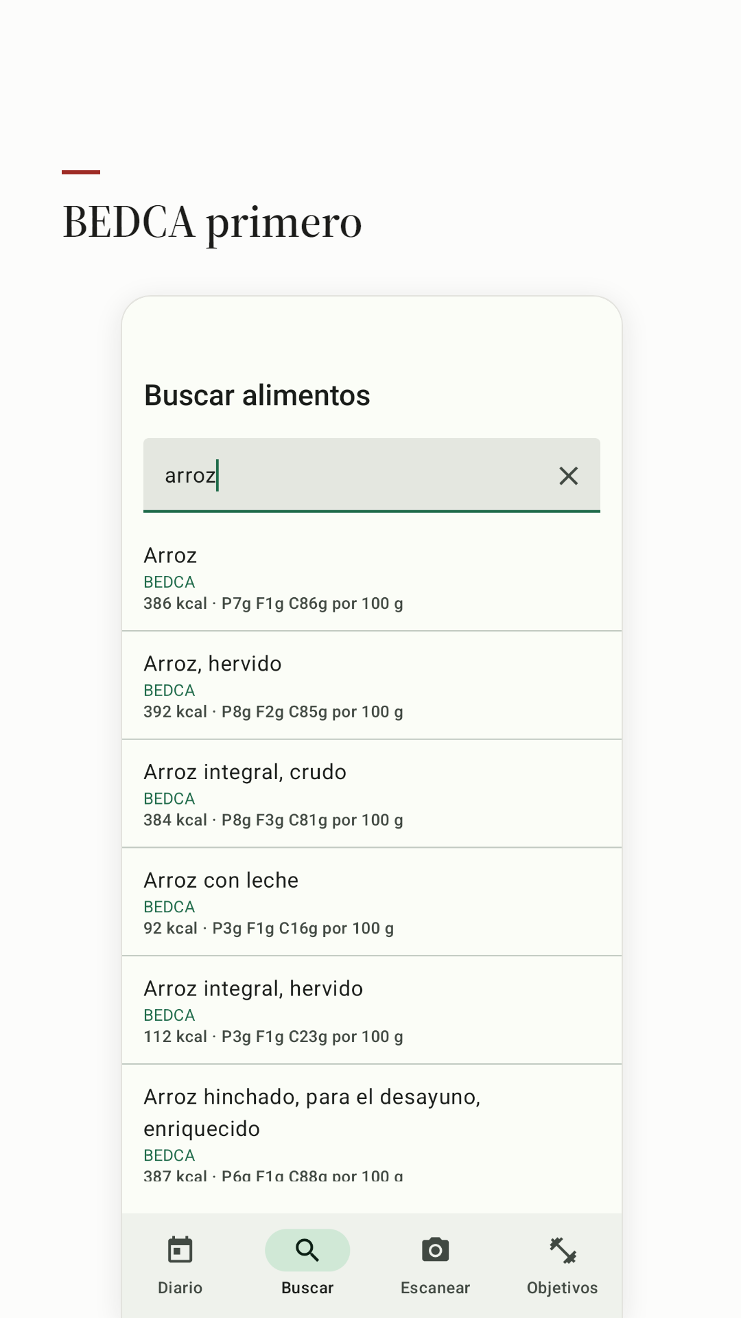 Resultados de búsqueda de arroz en BEDCA, con la fuente en cada fila.