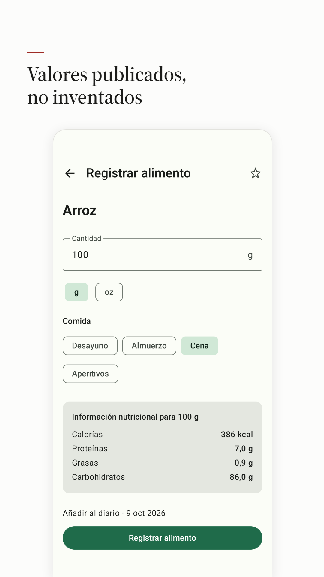 Registrar un alimento con los valores publicados por 100 g.