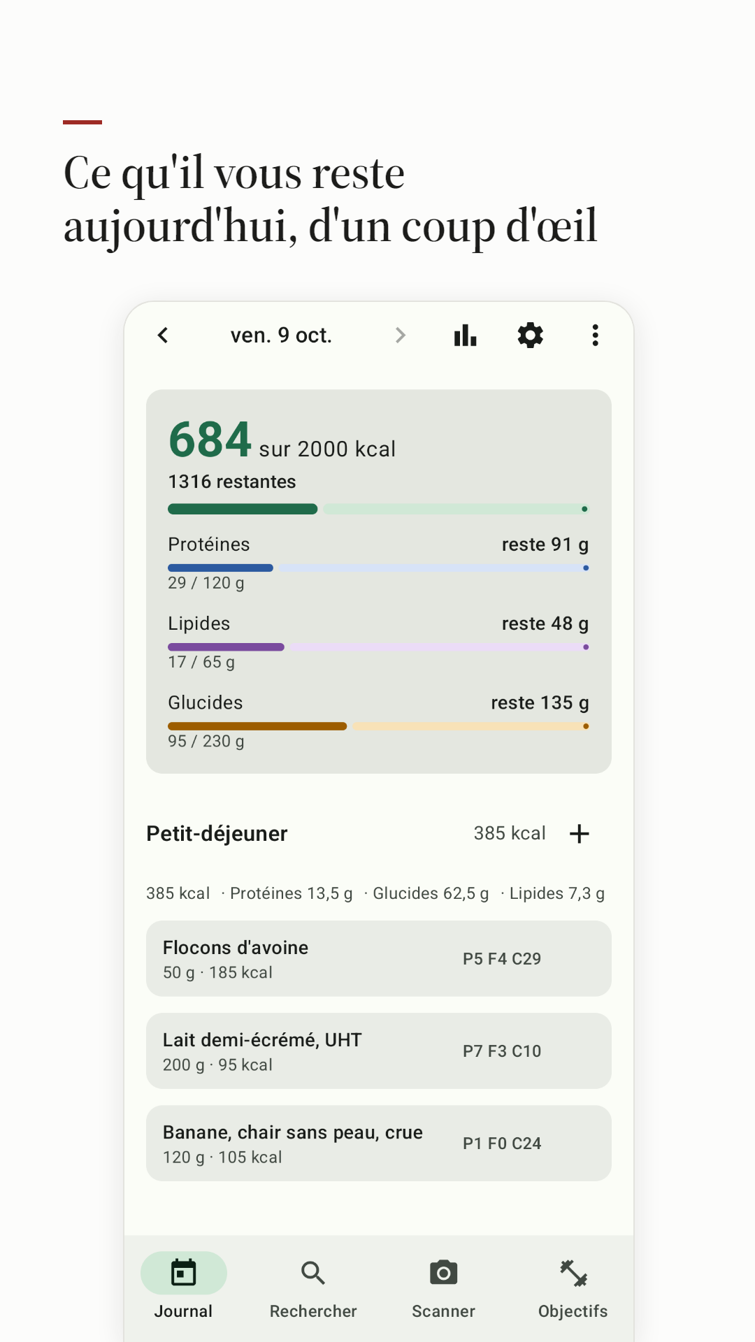 Le journal du jour, avec les calories et macros restantes en haut.
