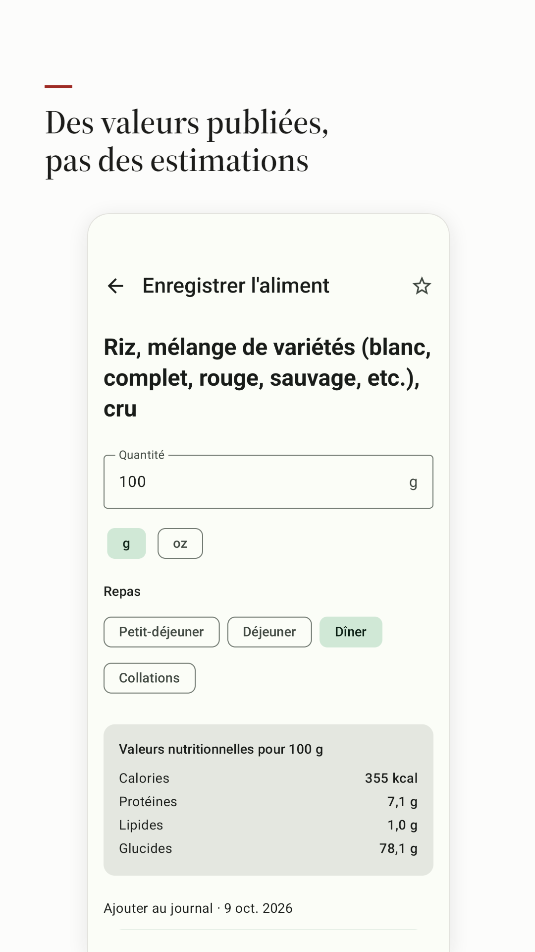 Saisie d’un aliment avec les valeurs publiées pour 100 g.