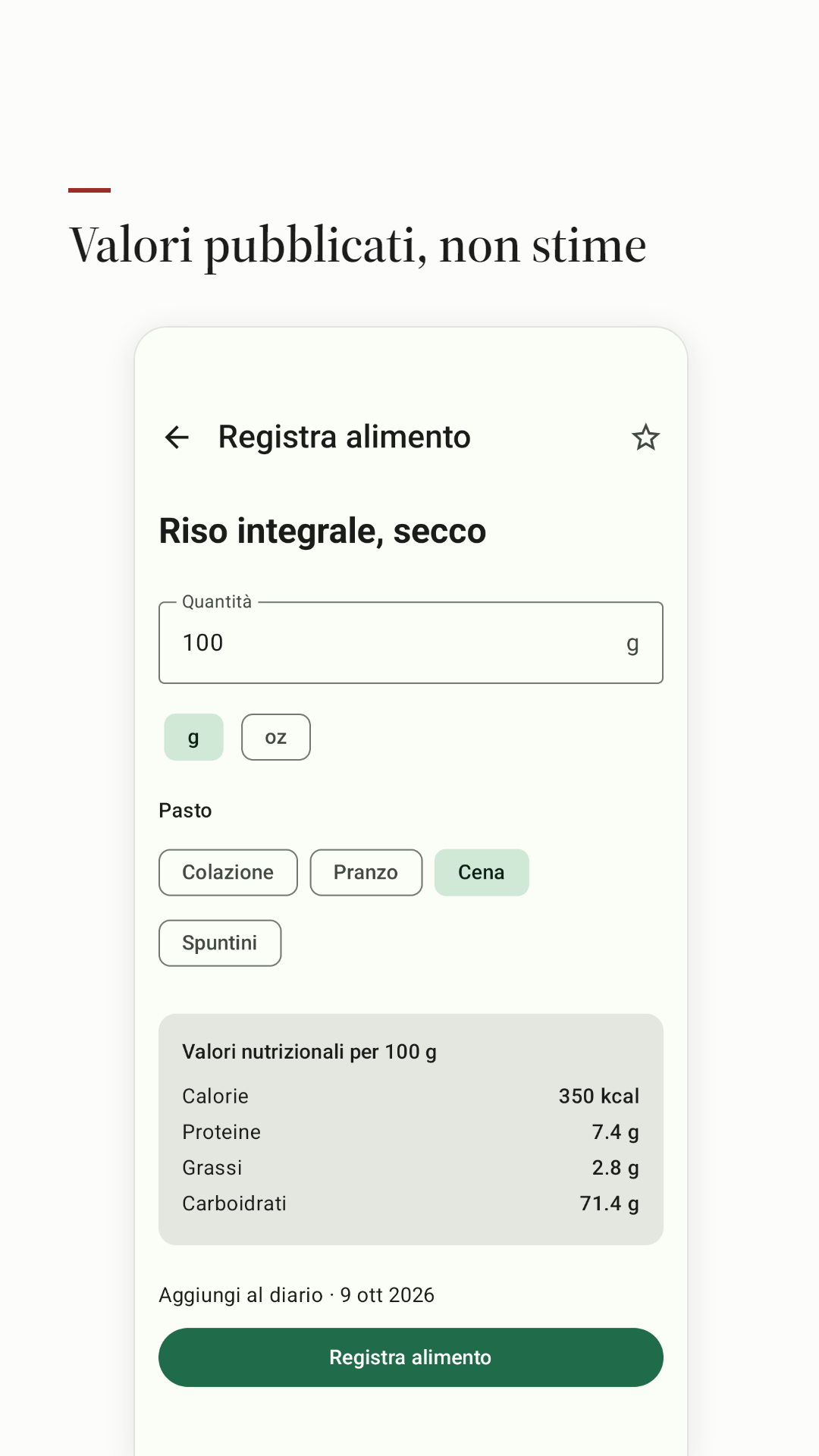 Registrazione di un alimento con i valori pubblicati per 100 g.