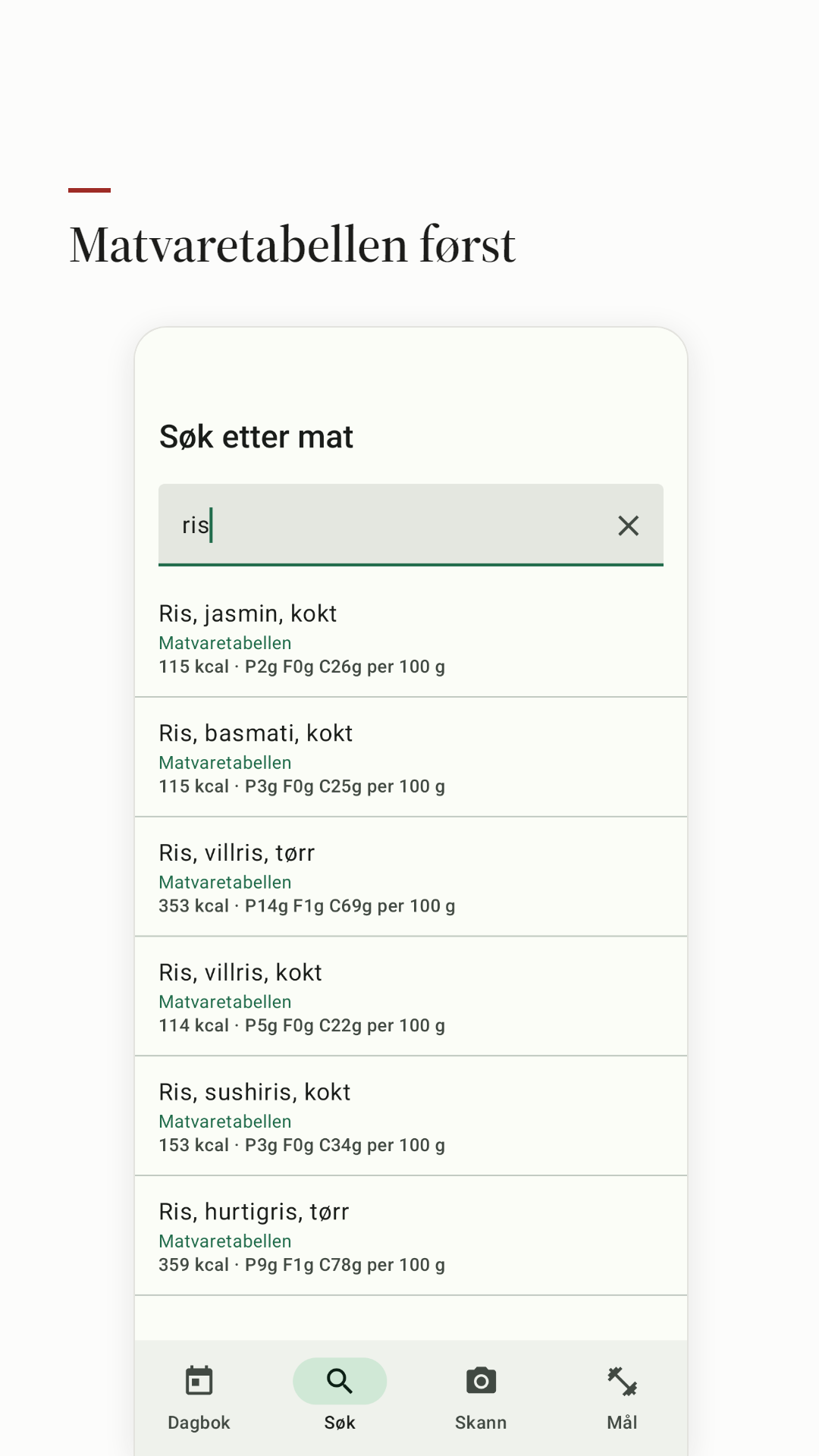 Søketreff for ris fra Matvaretabellen, med kilden på hver rad.