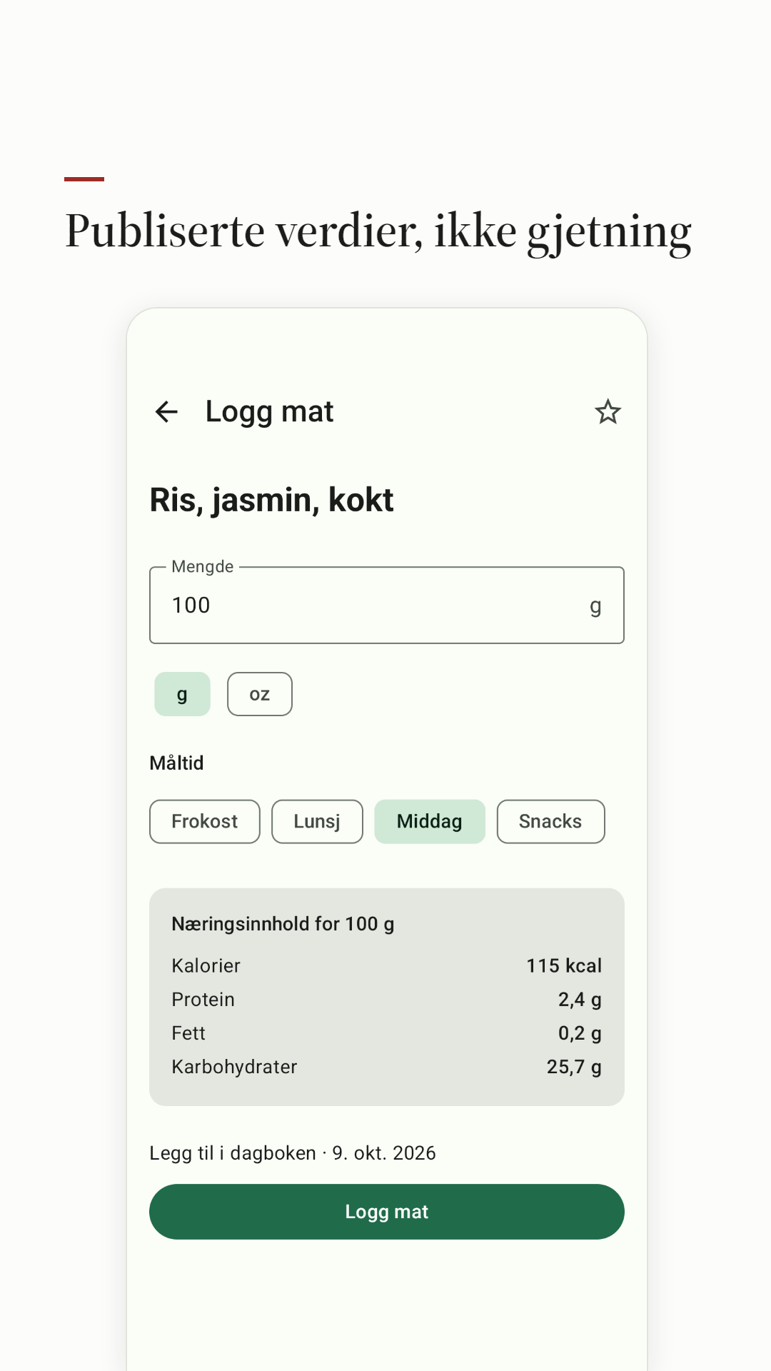 Logging av en matvare med de publiserte verdiene per 100 g.