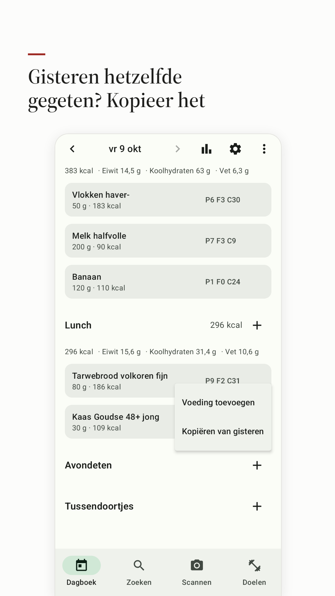 Het ontbijt van gisteren kopiëren naar vandaag.