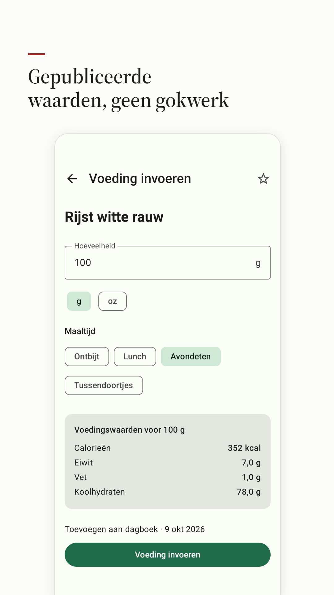 Een product loggen met de gepubliceerde waarden per 100 g.