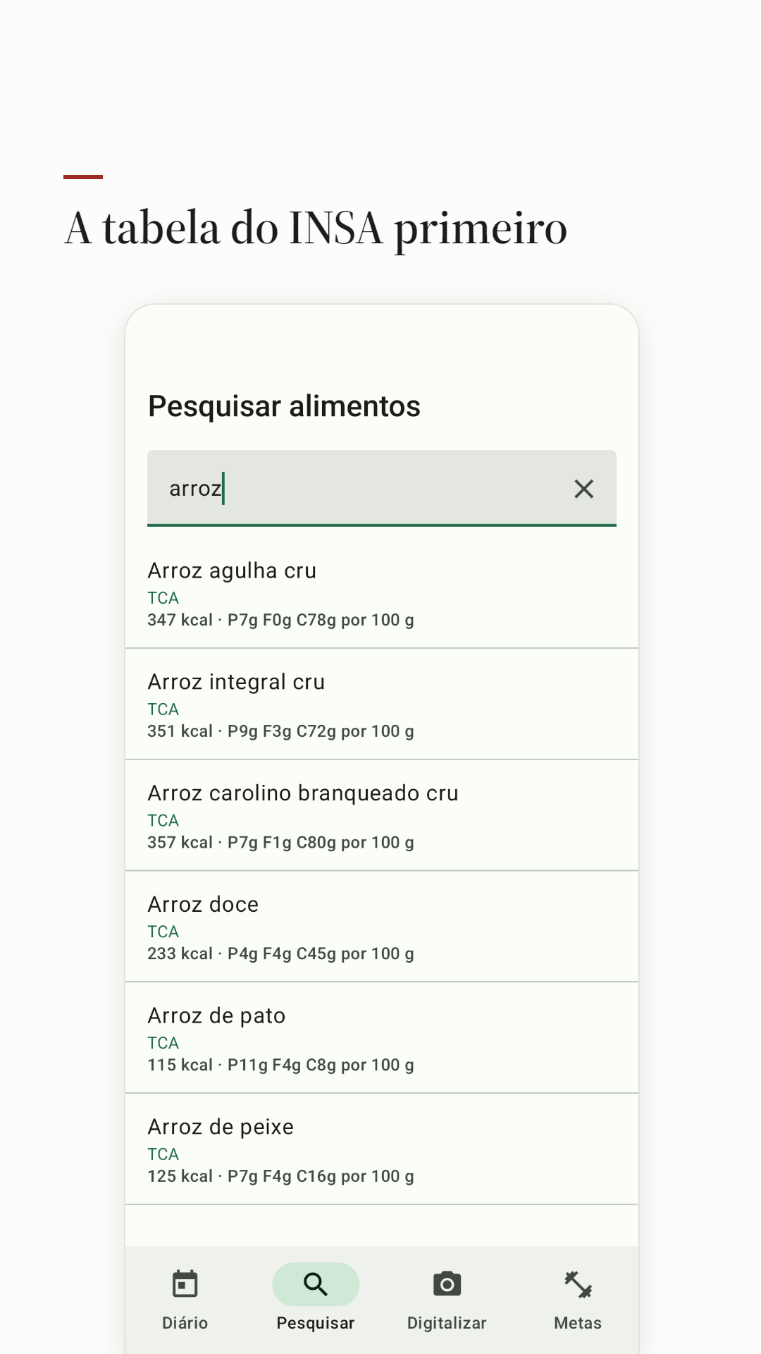 Resultados da pesquisa por arroz na tabela do INSA, com a fonte em cada linha.