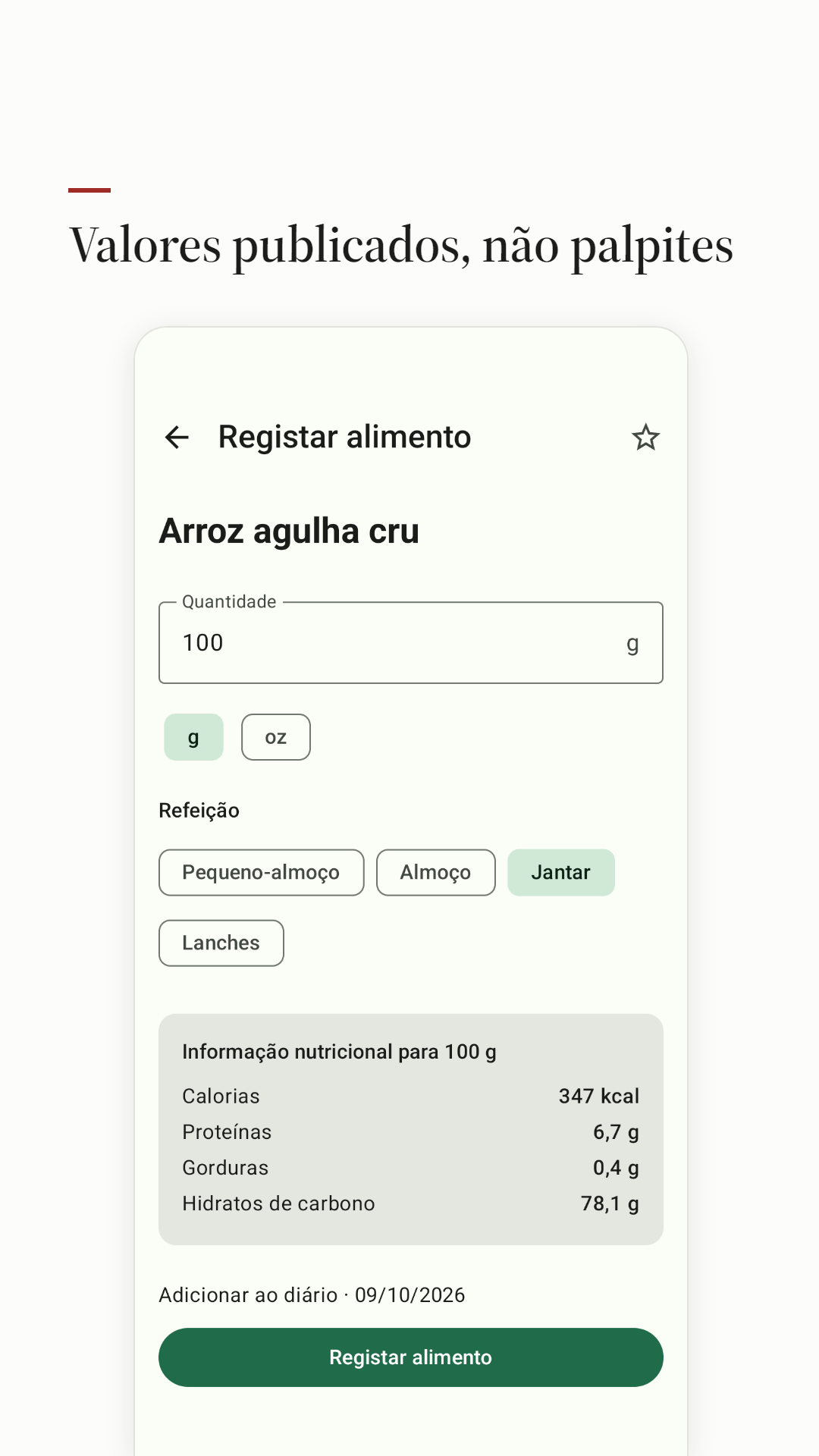 Registo de um alimento com os valores publicados por 100 g.