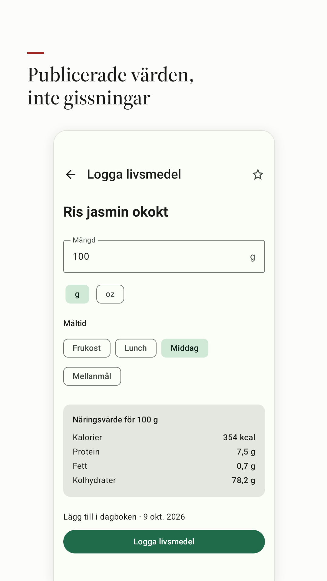 Loggning av ett livsmedel med de publicerade värdena per 100 g.